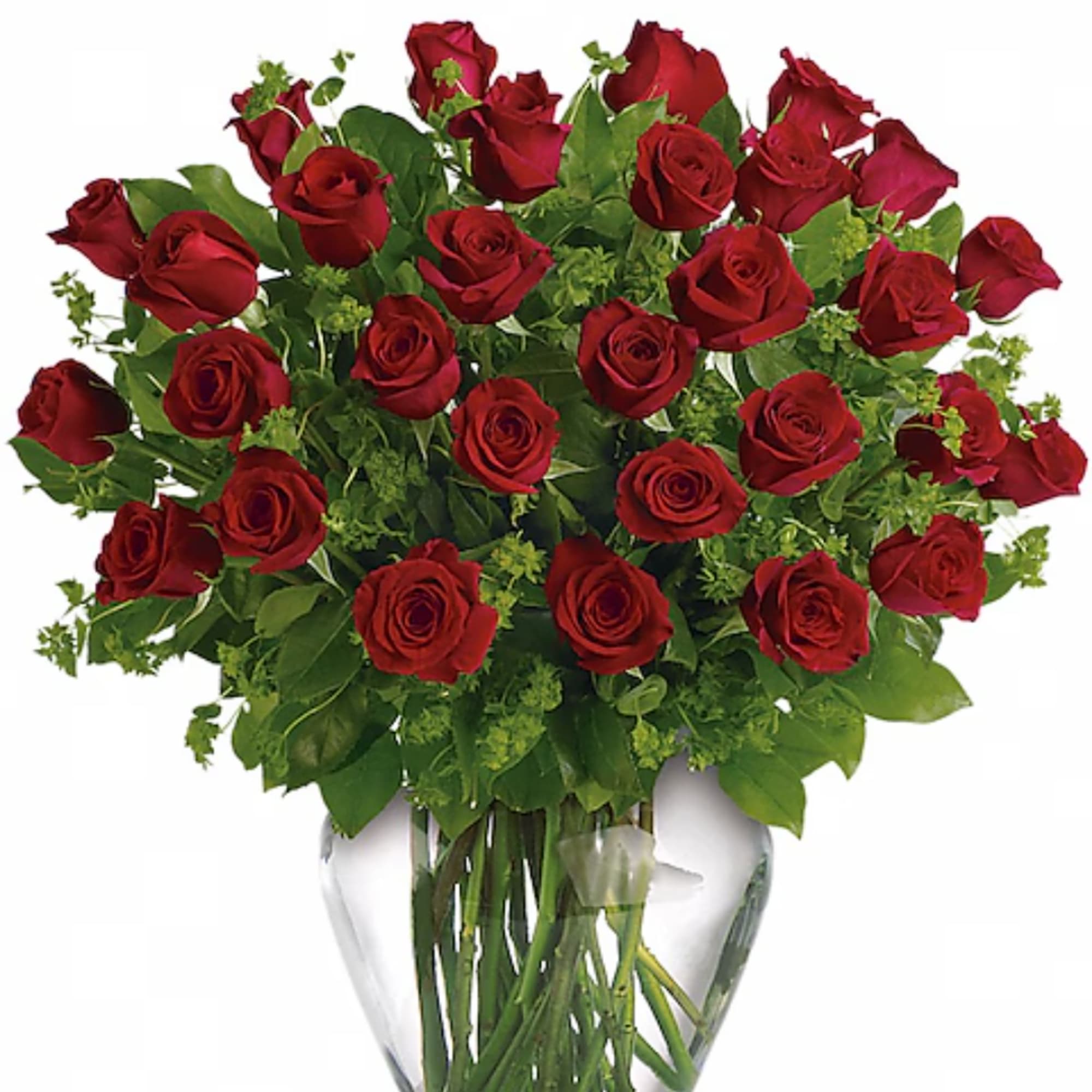 Bouquet of red roses in a clear glass vase