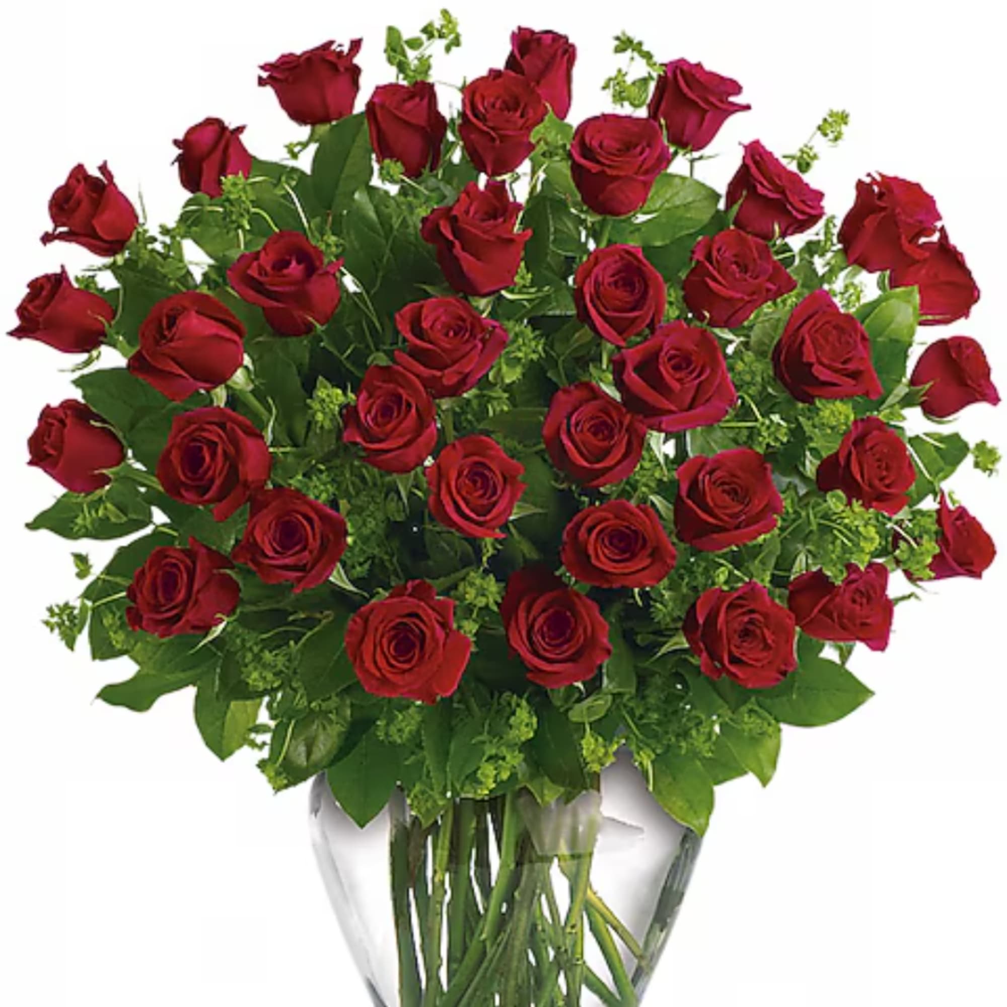 Bouquet of red roses in a clear glass vase