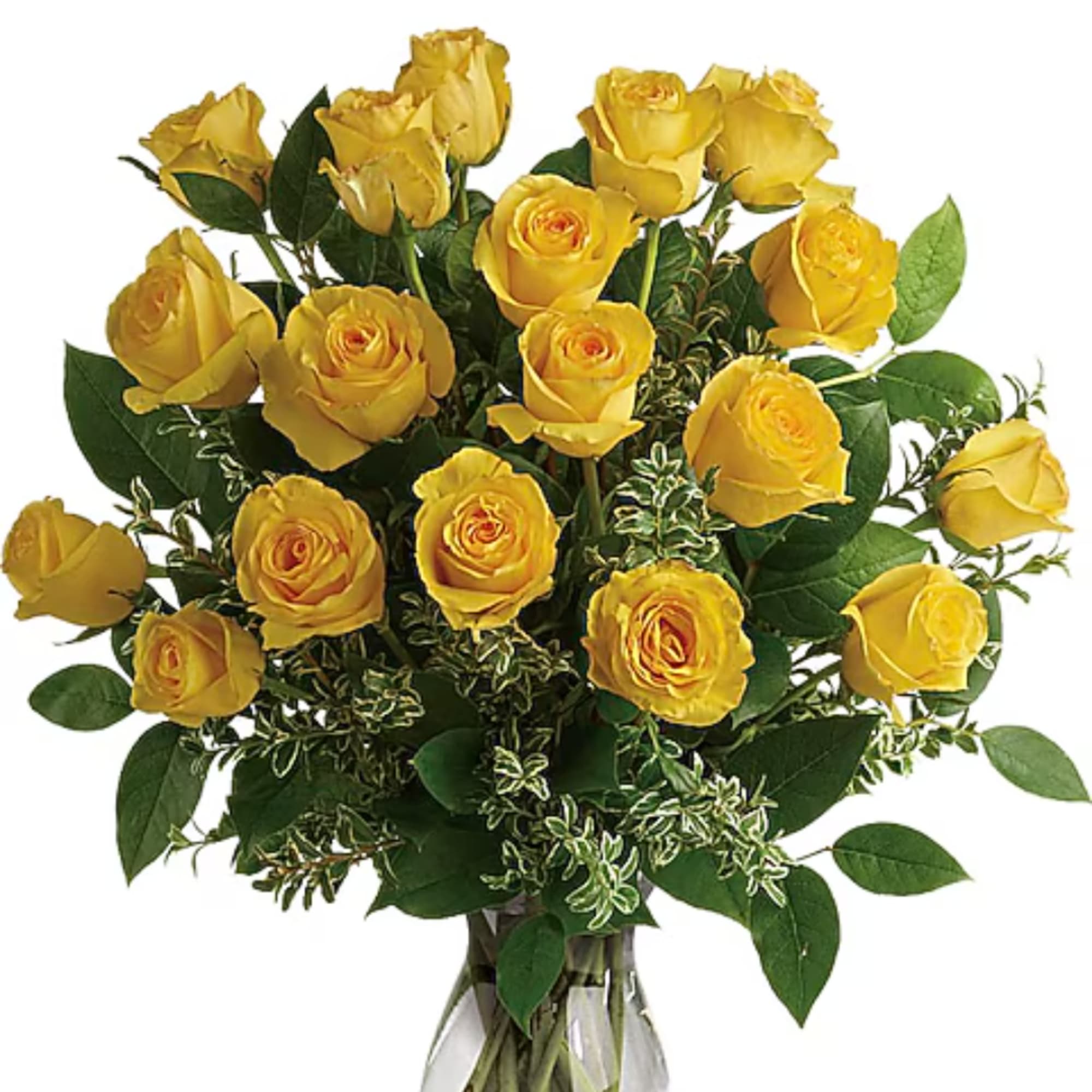 Bouquet of yellow roses in a clear glass vase