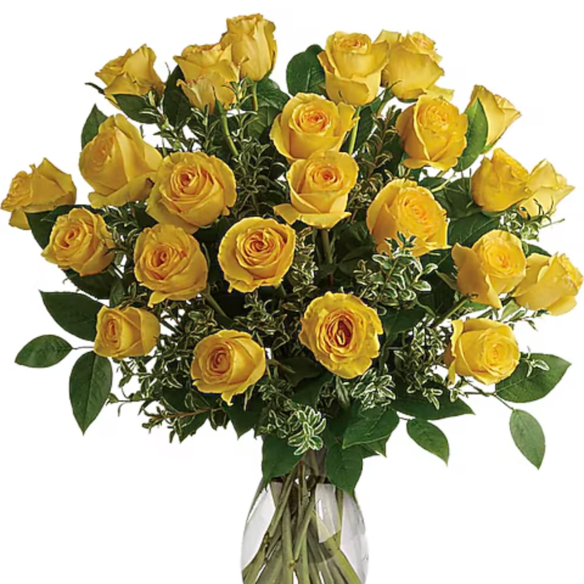 Bouquet of yellow roses in a clear glass vase
