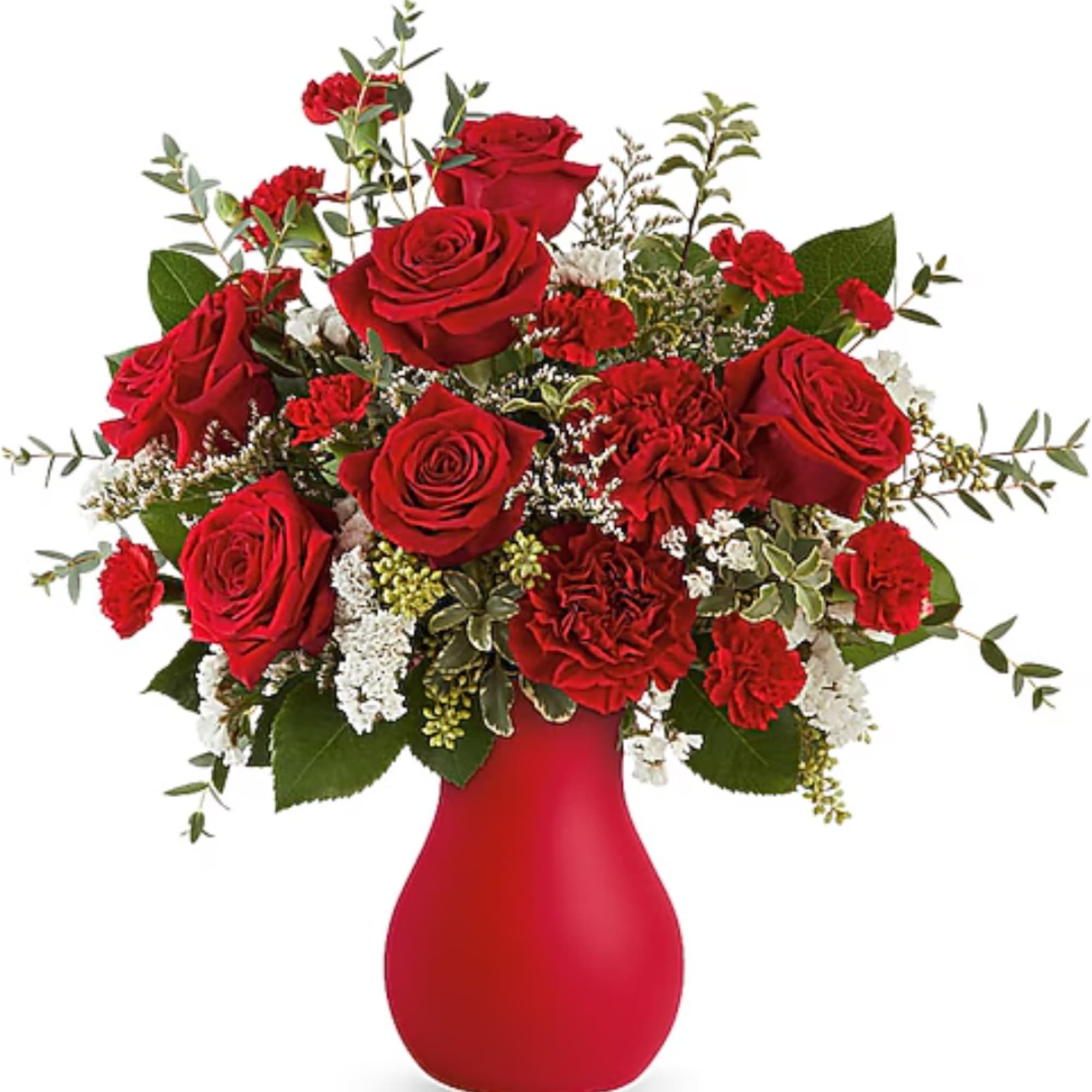 Red roses and carnations in a red vase