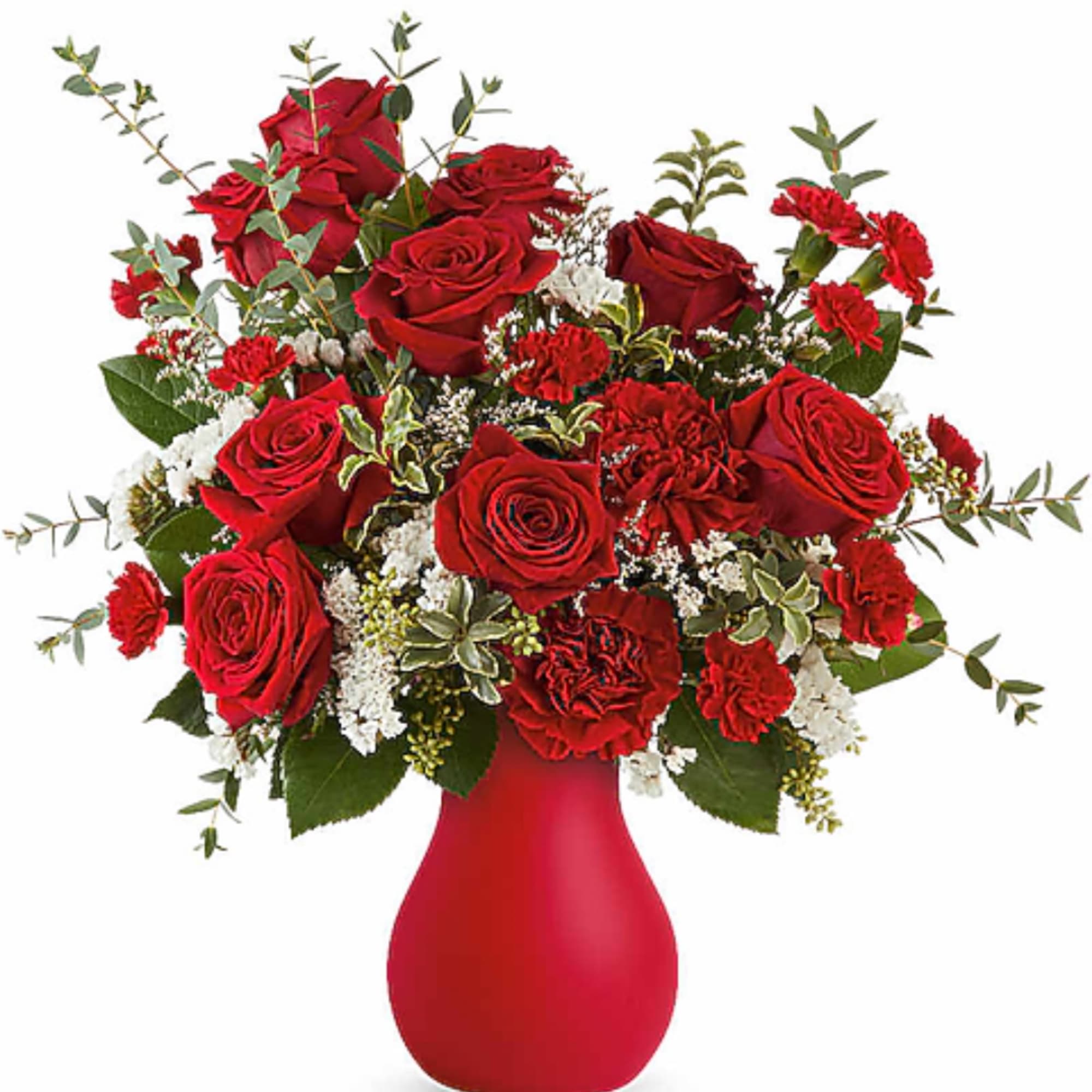 Red rose bouquet in a red vase