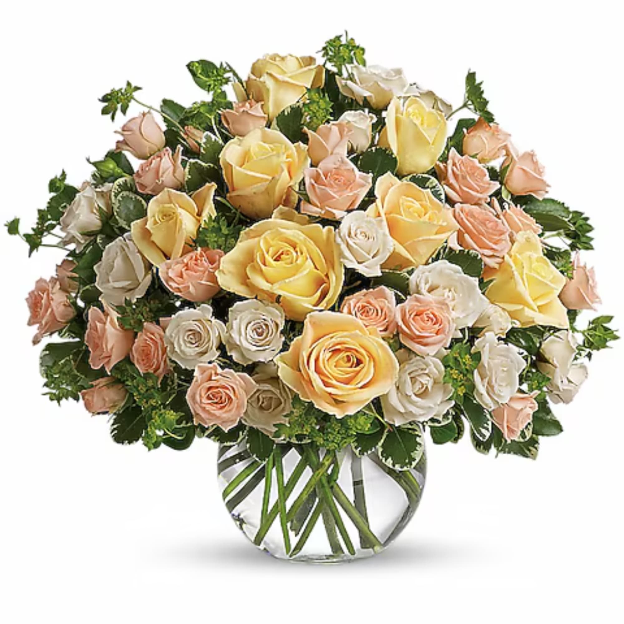 Bouquet of yellow, peach, and white roses in a clear glass vase
