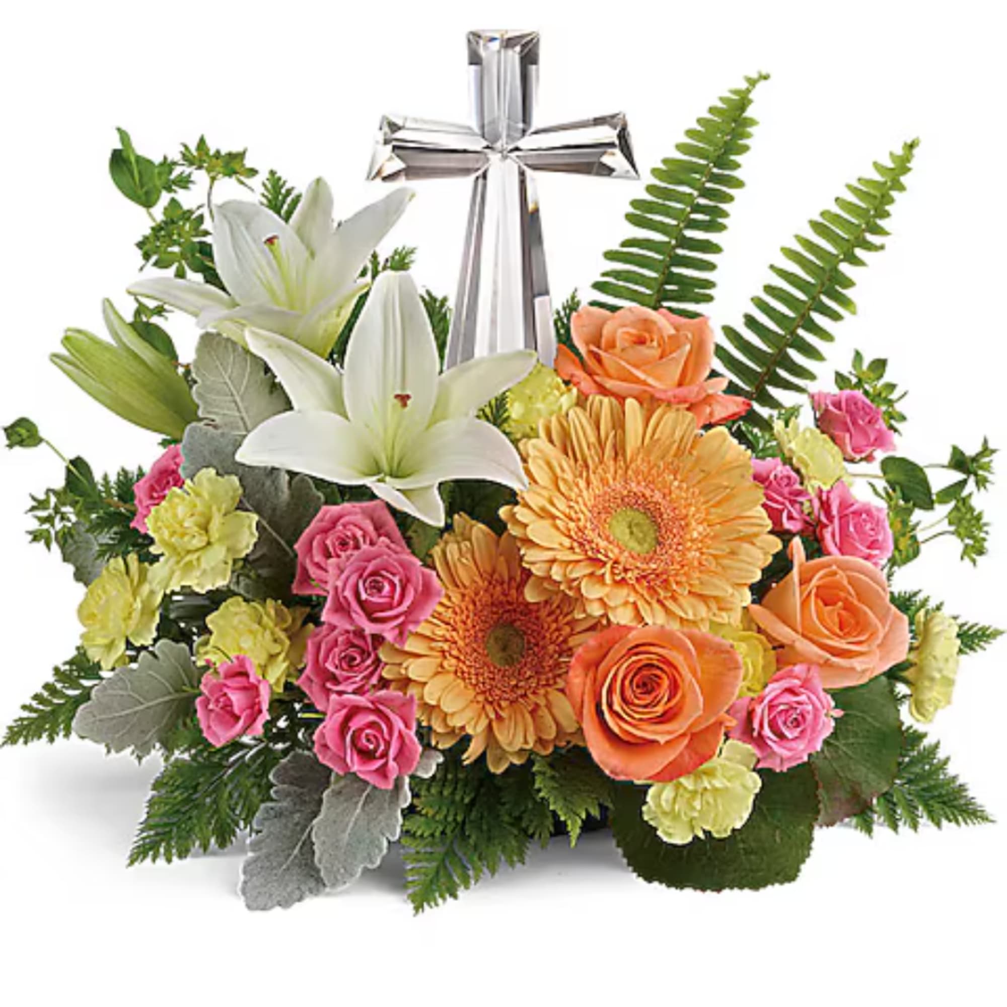 Mixed bouquet with white lilies, roses, gerbera daisies, and a silver cross