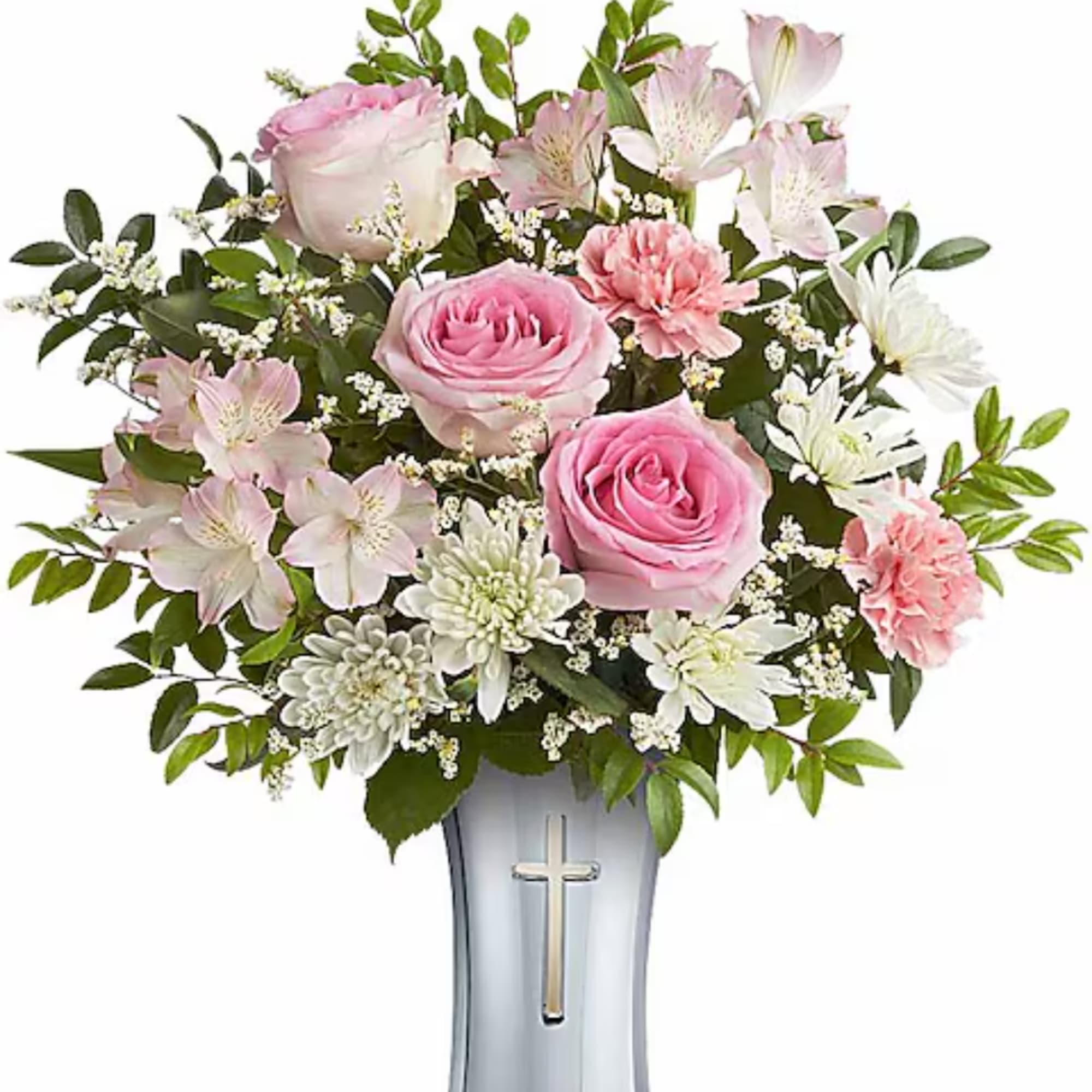 Pink roses and white flowers arranged in a vase with a cross emblem