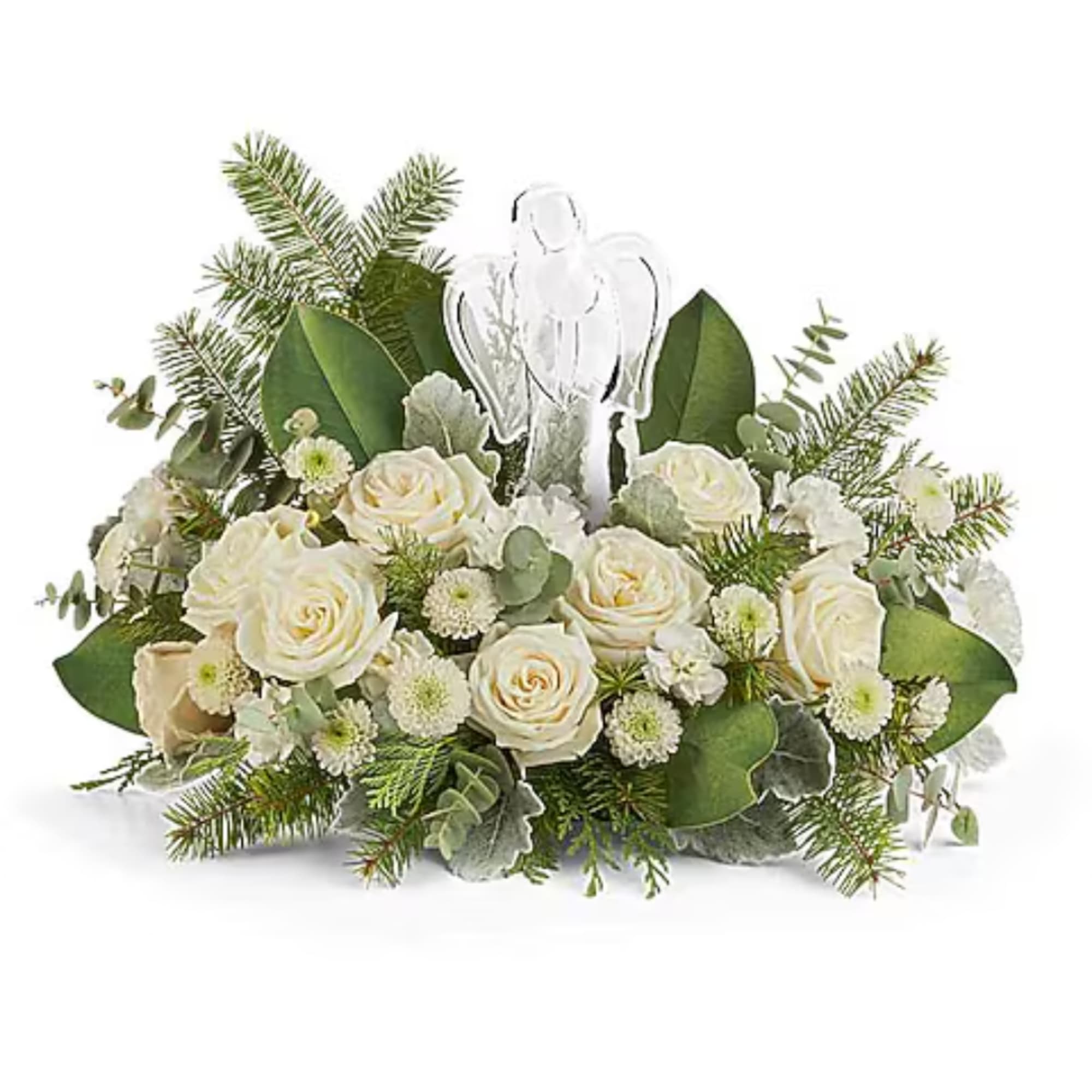 White rose arrangement with evergreen accents and a clear angel pick