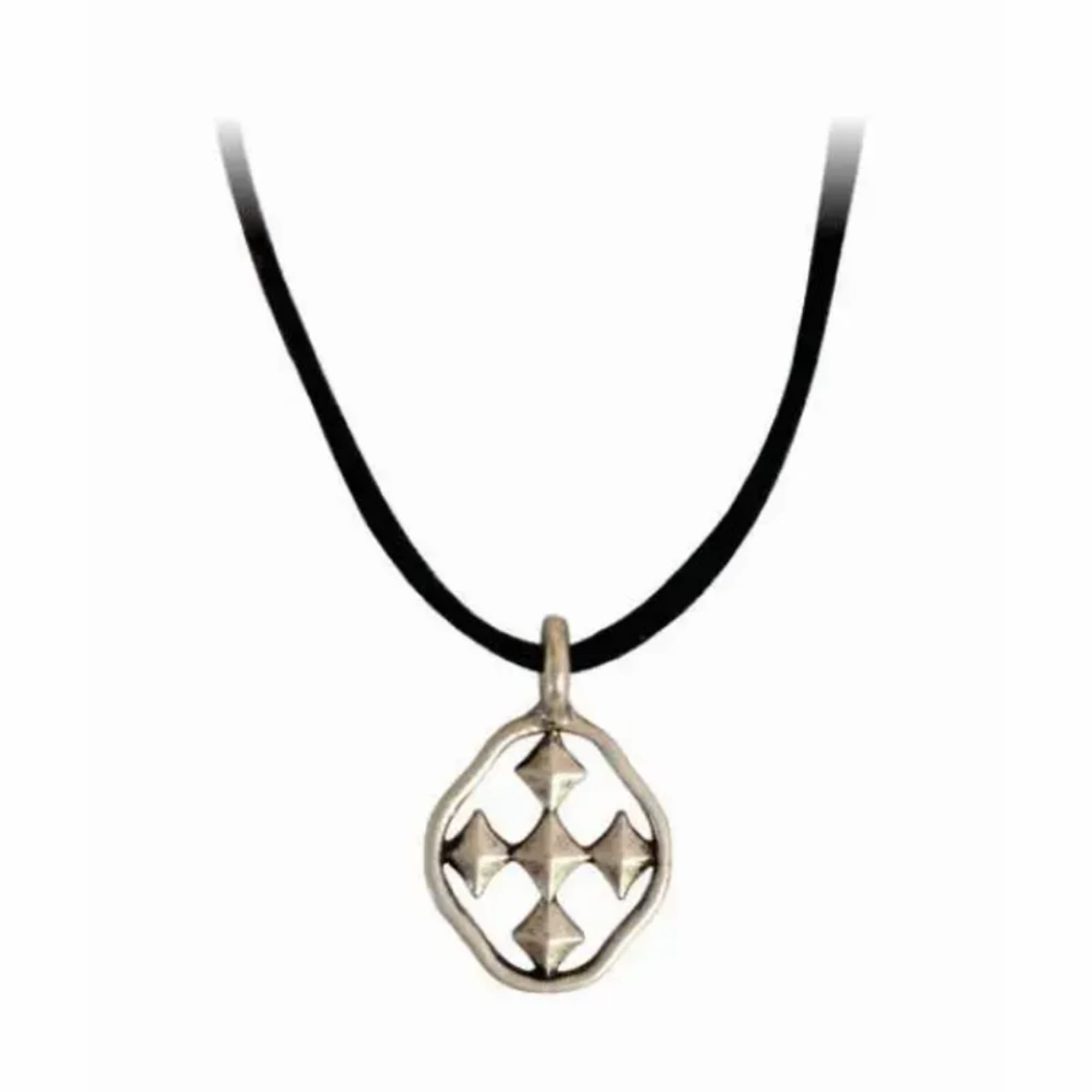 Black cord necklace with a silver pendant on a white background