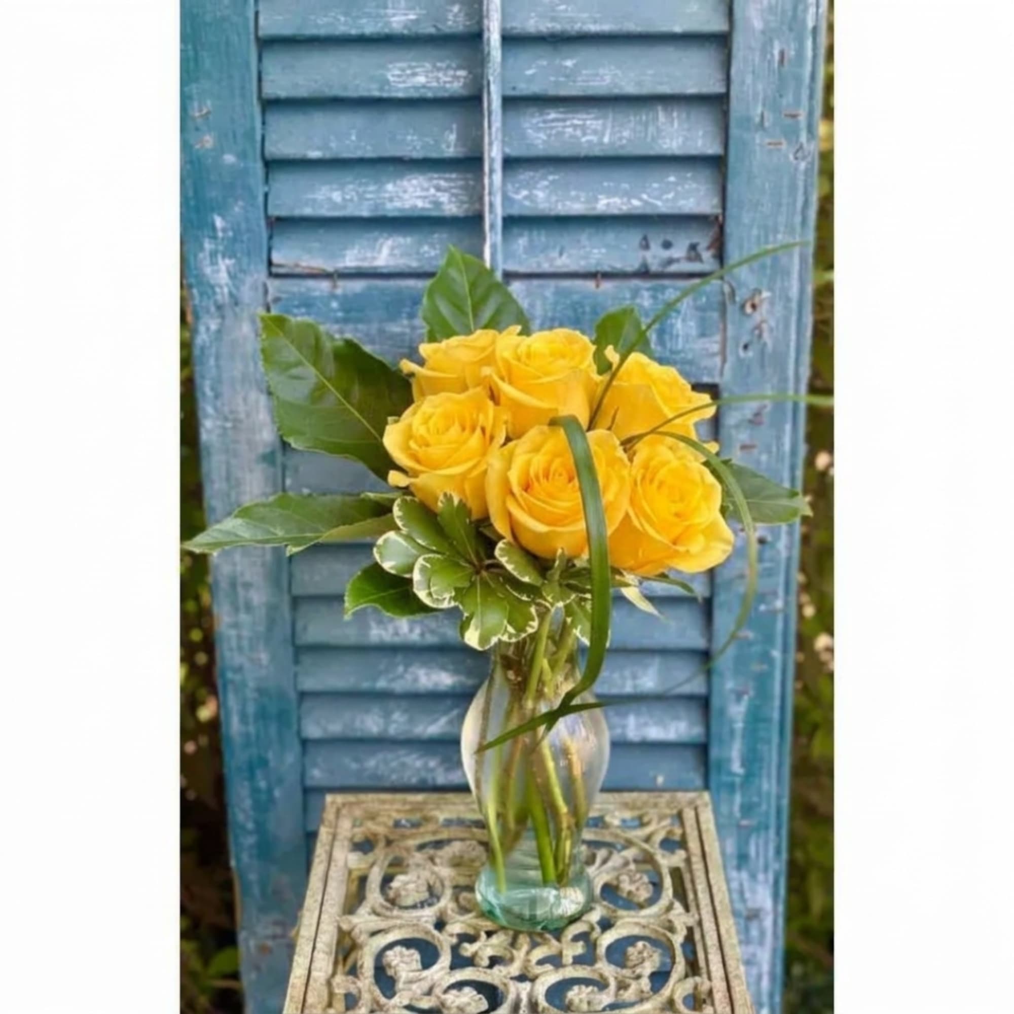 Yellow roses in a clear glass vase with green leaves