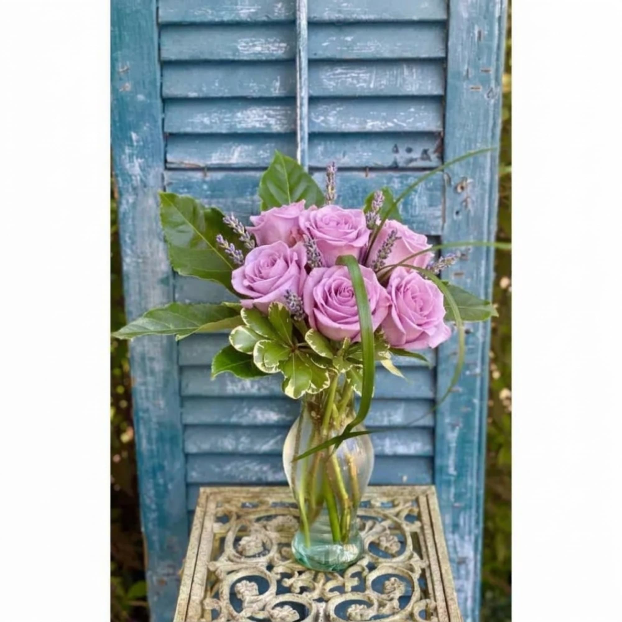 Lavender roses in a clear glass vase on a decorative table