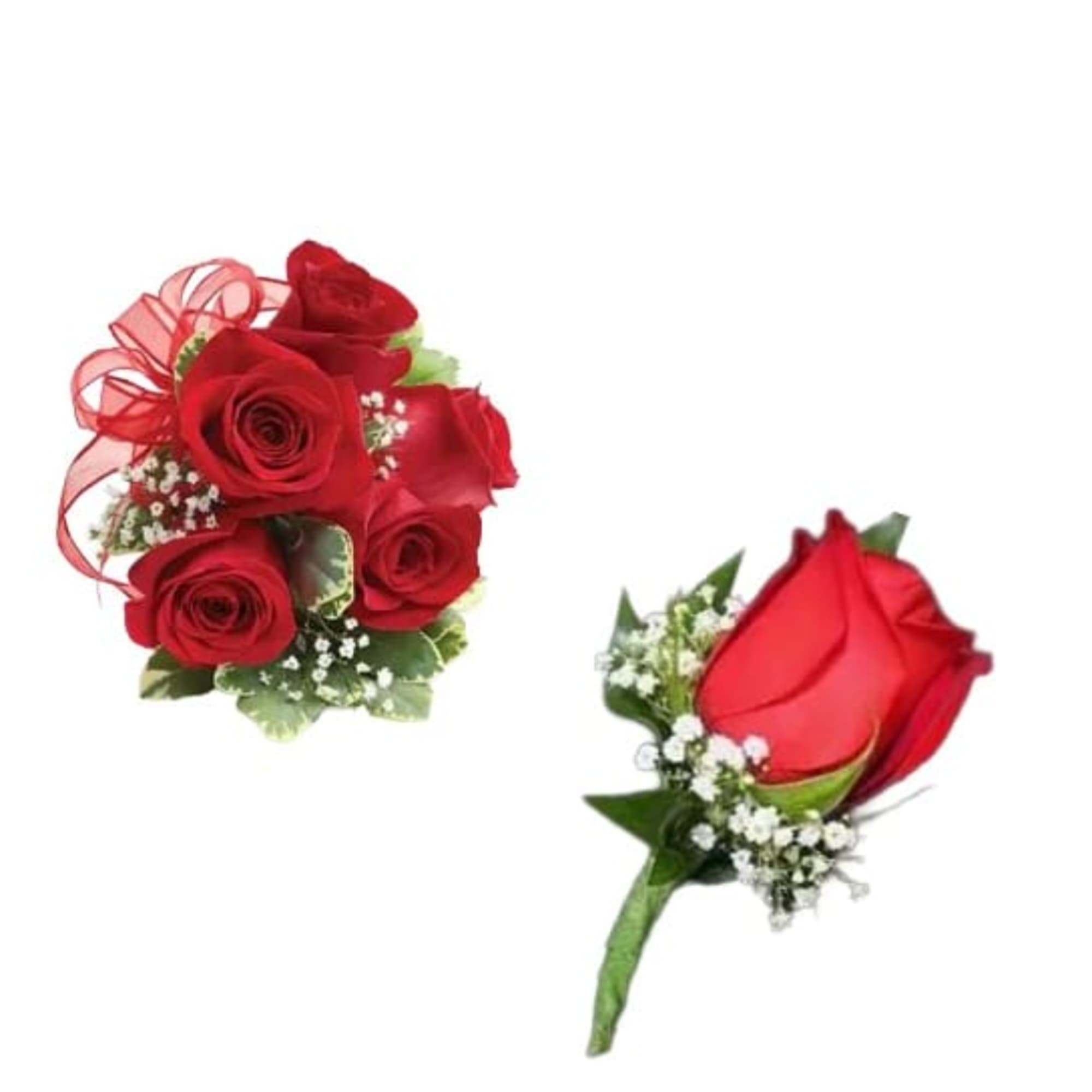 Red rose bouquet and matching rose boutonniere on white background