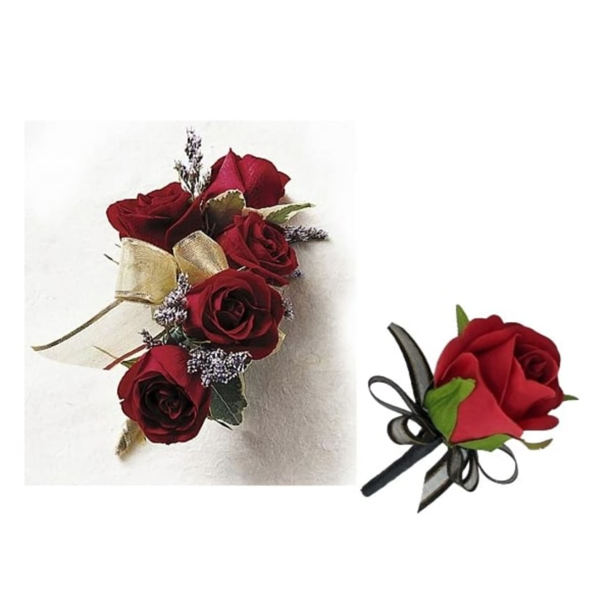 Red rose corsage and boutonniere with ribbon accents