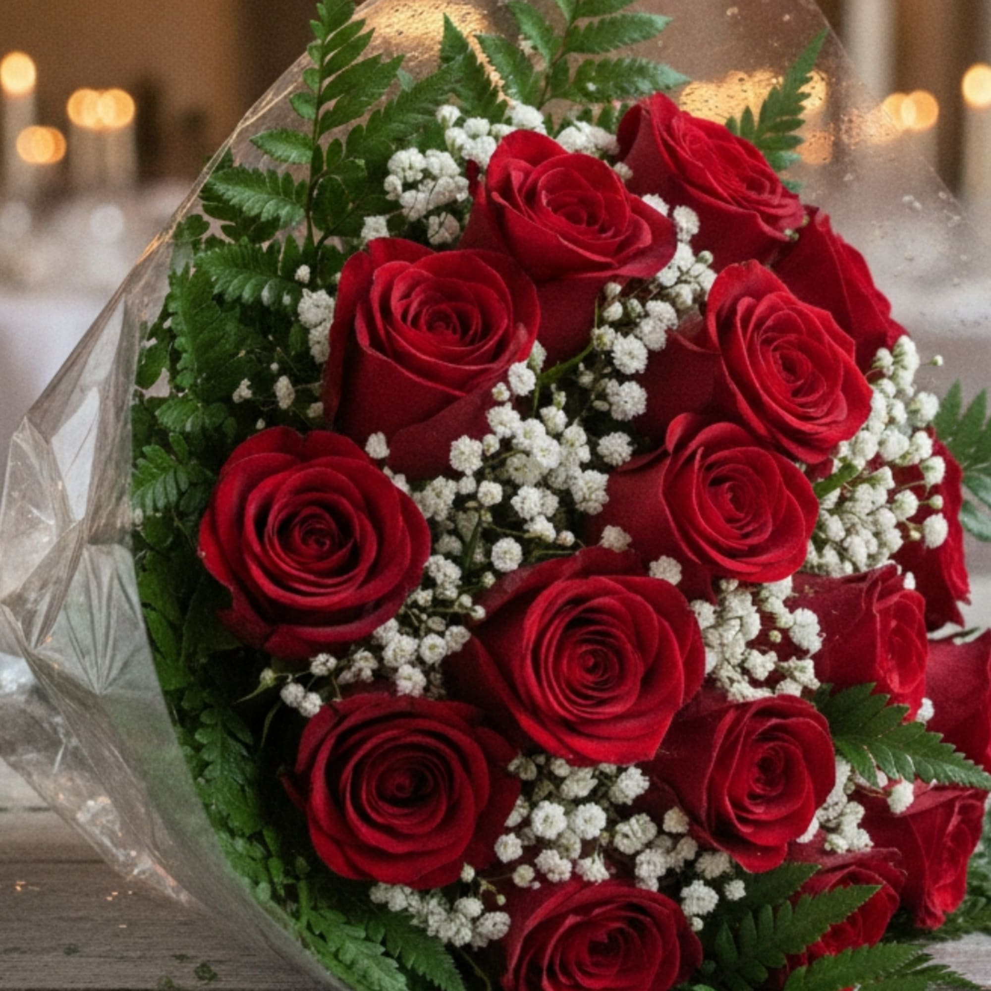 Bouquet of red roses with white baby's breath wrapped in clear paper