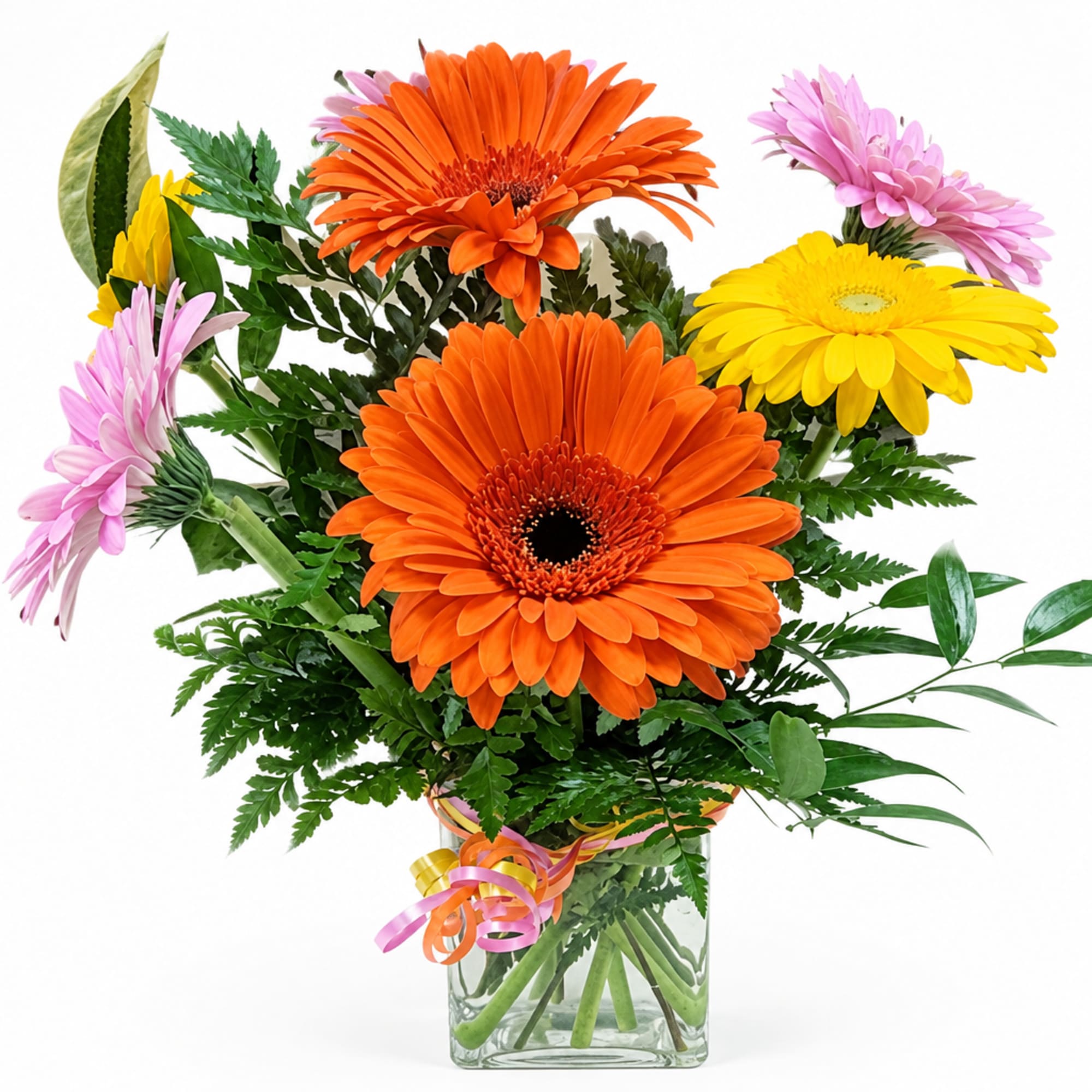 Bouquet of orange, yellow, and pink gerbera daisies in a glass vase