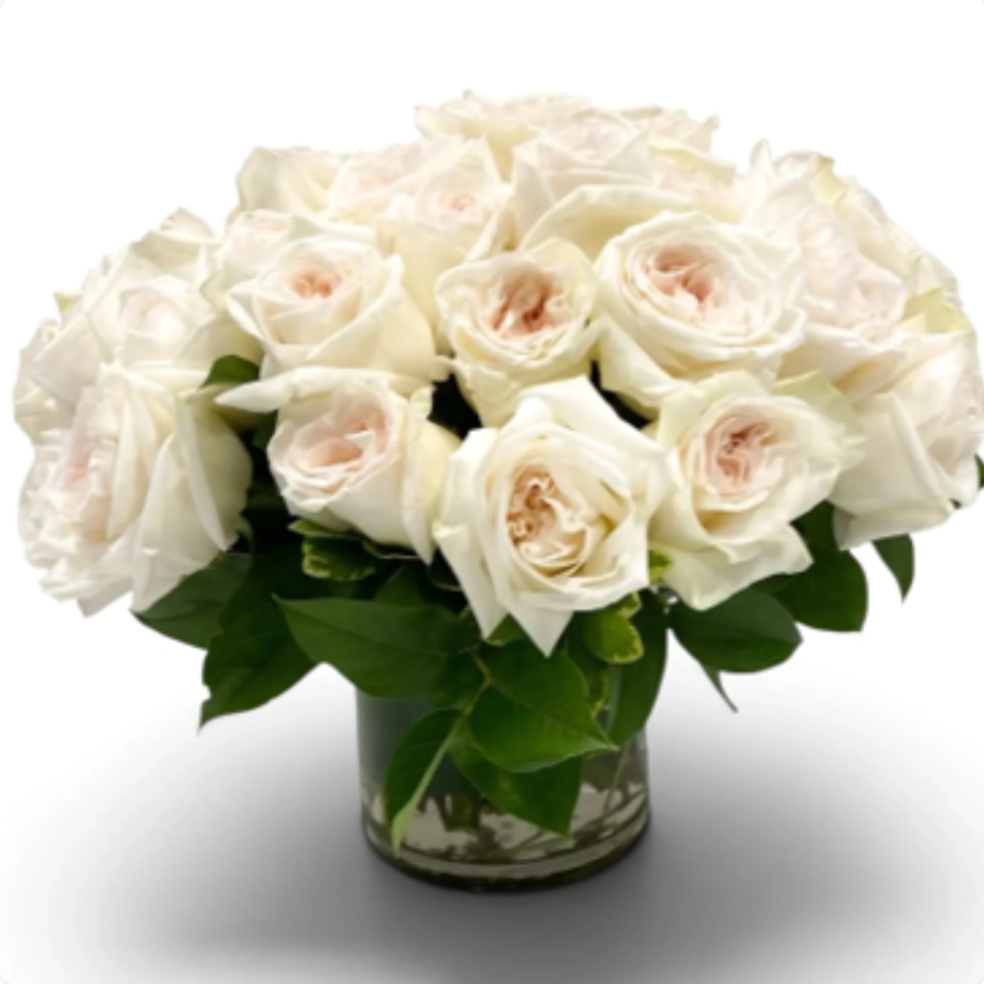White rose bouquet in a clear glass vase