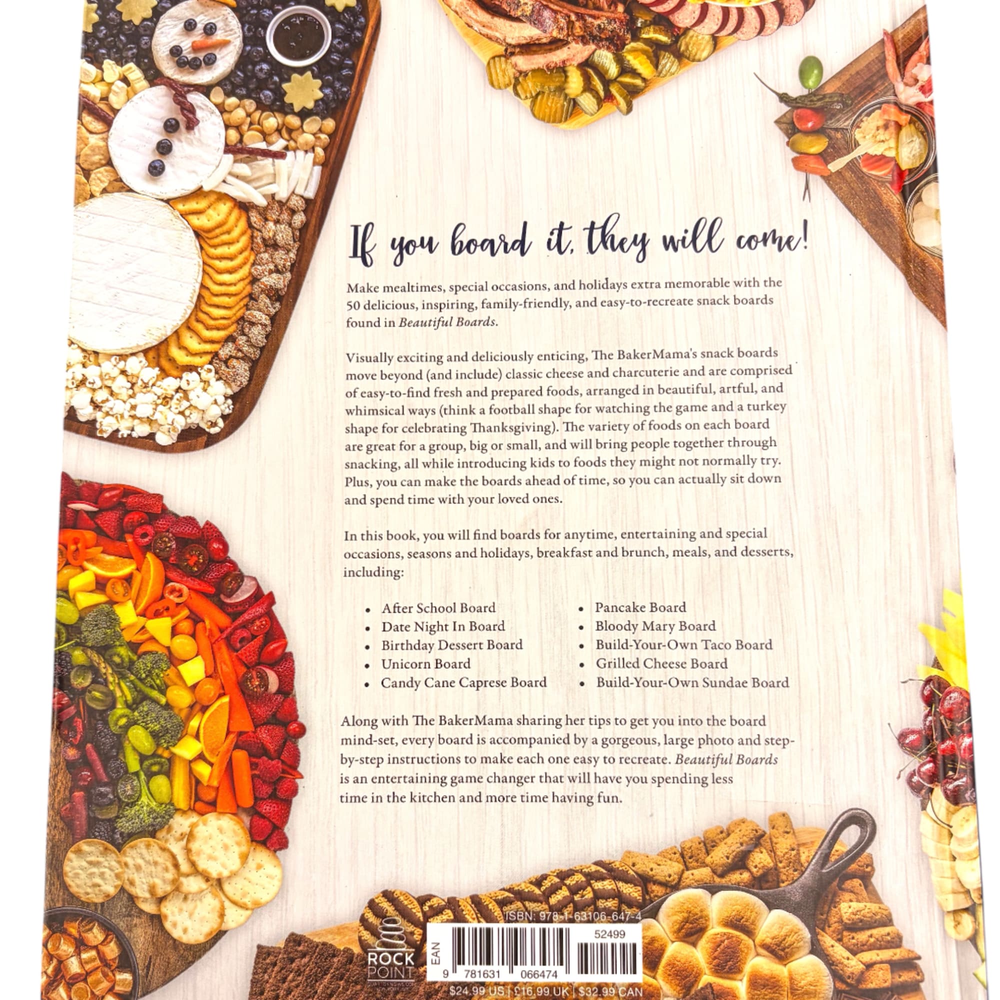 Book cover with colorful snack boards arranged around the title text