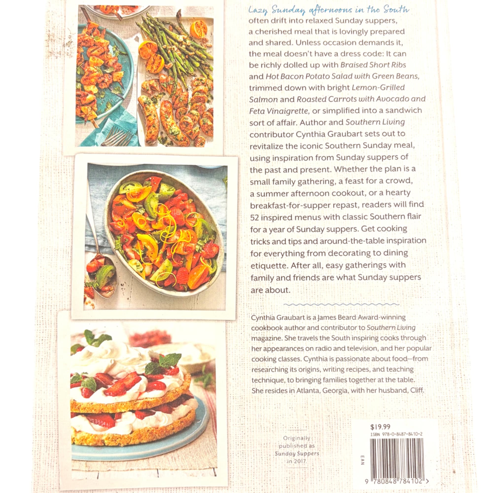 Book cover with photos of plated food and a dessert, plus text on the right