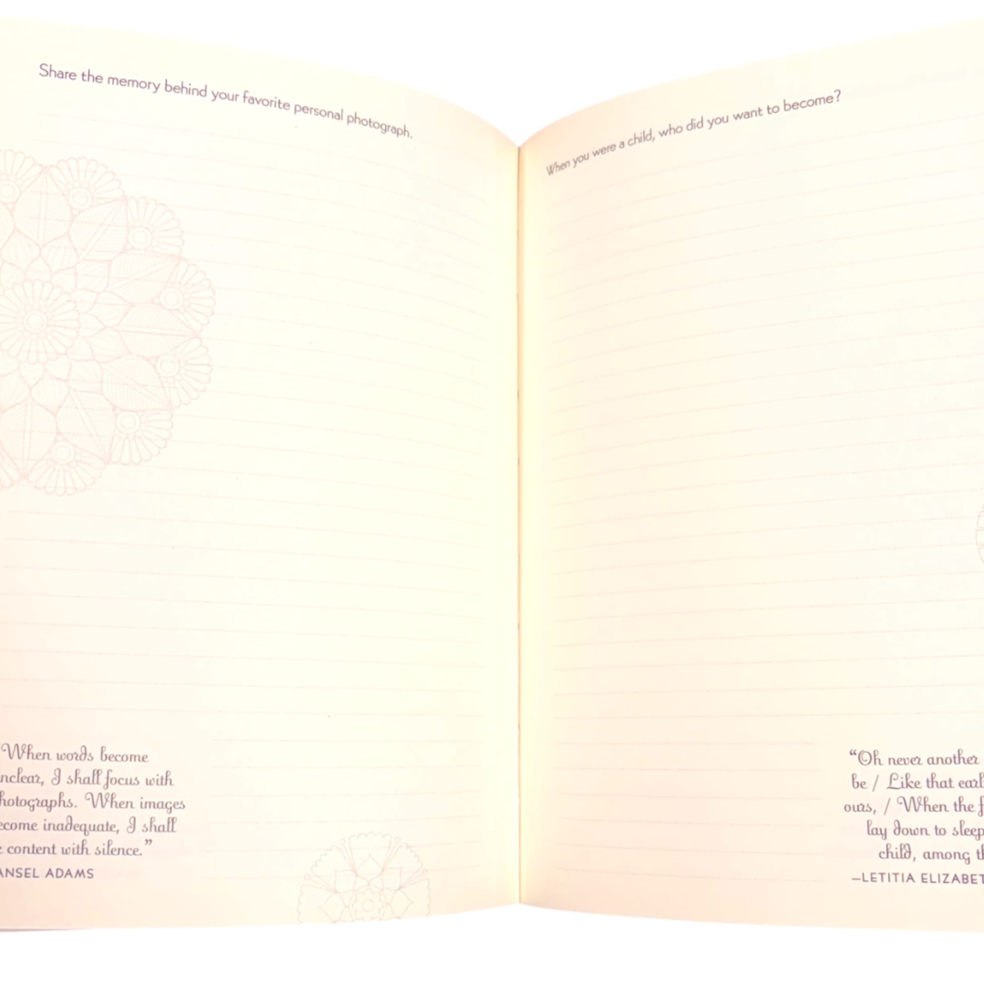 Open lined journal pages with faint floral designs and printed prompts