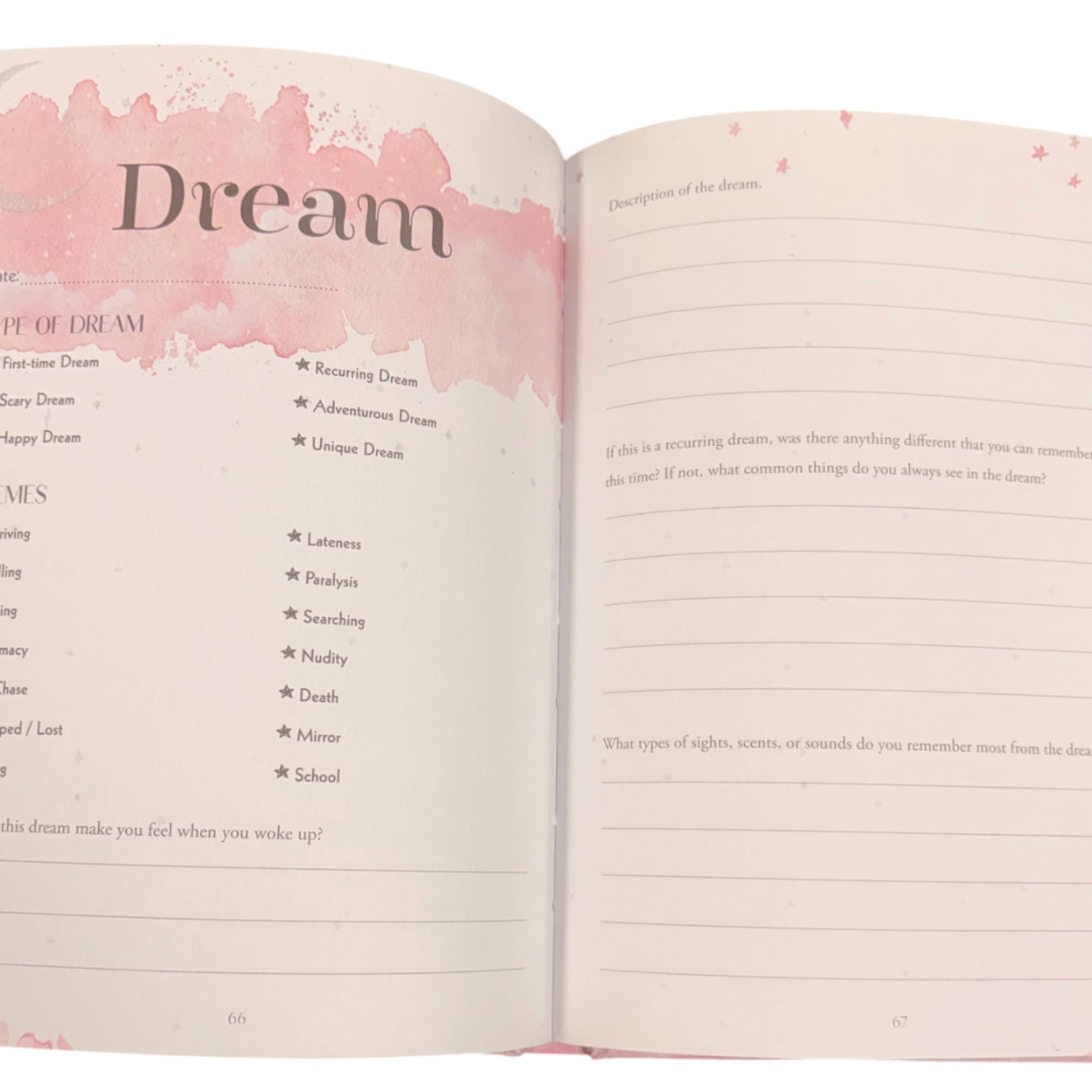 Open journal pages with a pink "Dream" heading and lined prompts