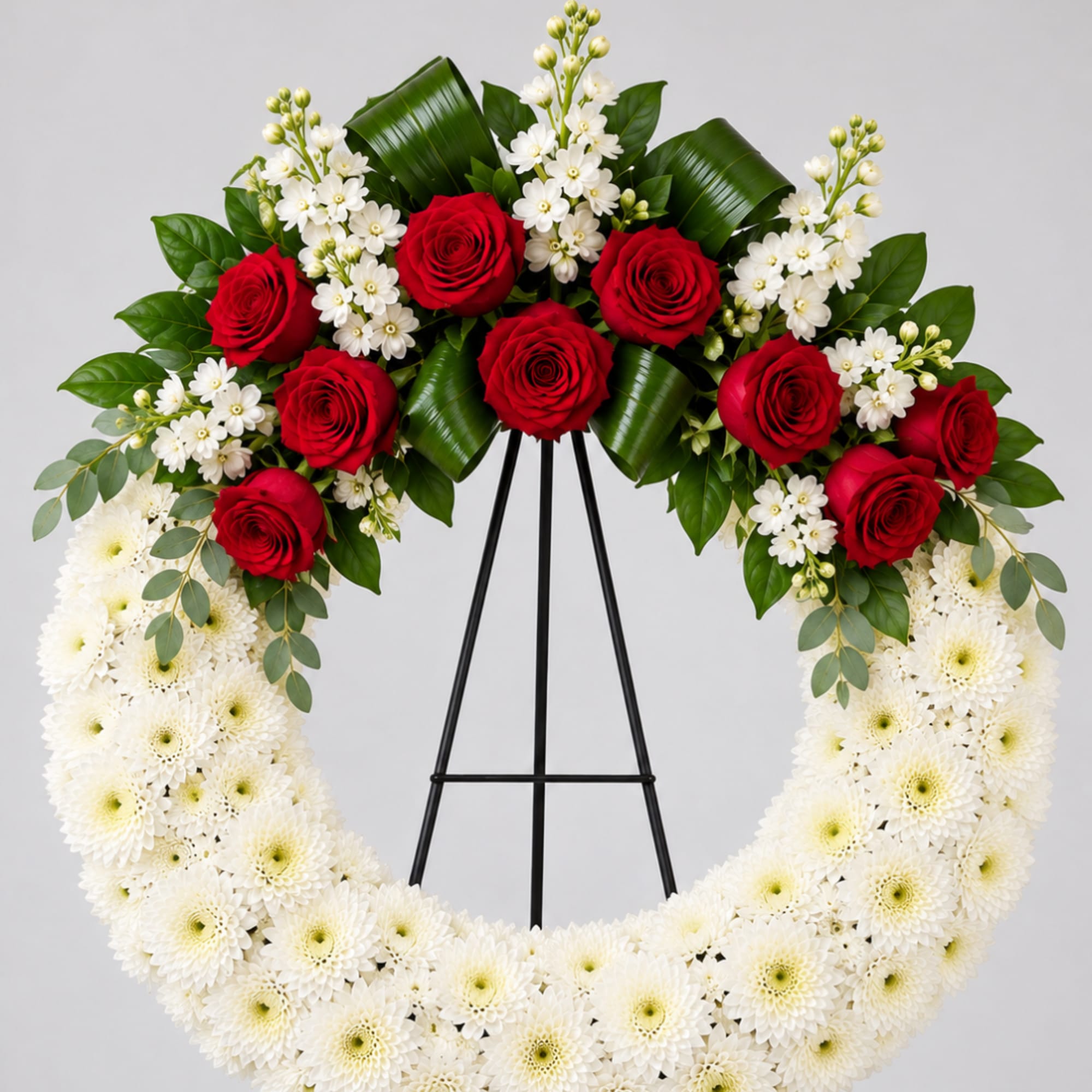 Red roses and white flowers arranged in a circular funeral wreath on a stand