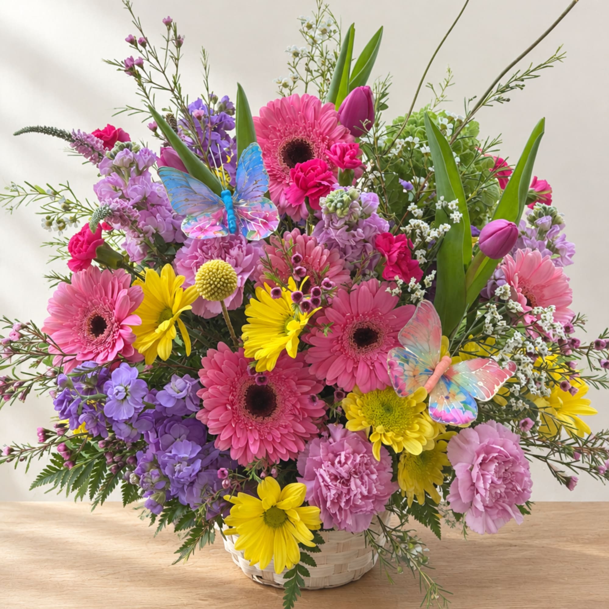Colorful mixed flower arrangement in a white basket with butterfly picks