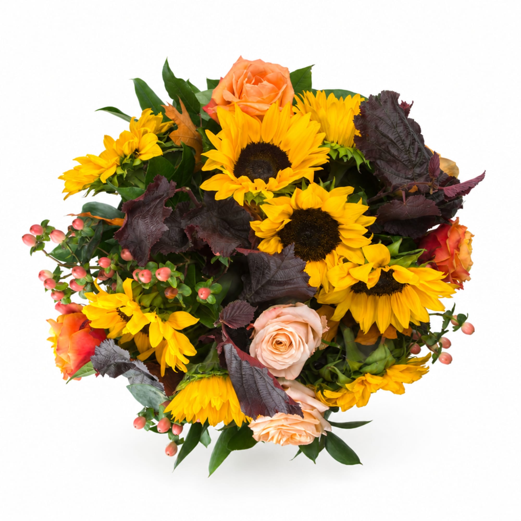 Bouquet of yellow sunflowers and peach roses with dark foliage