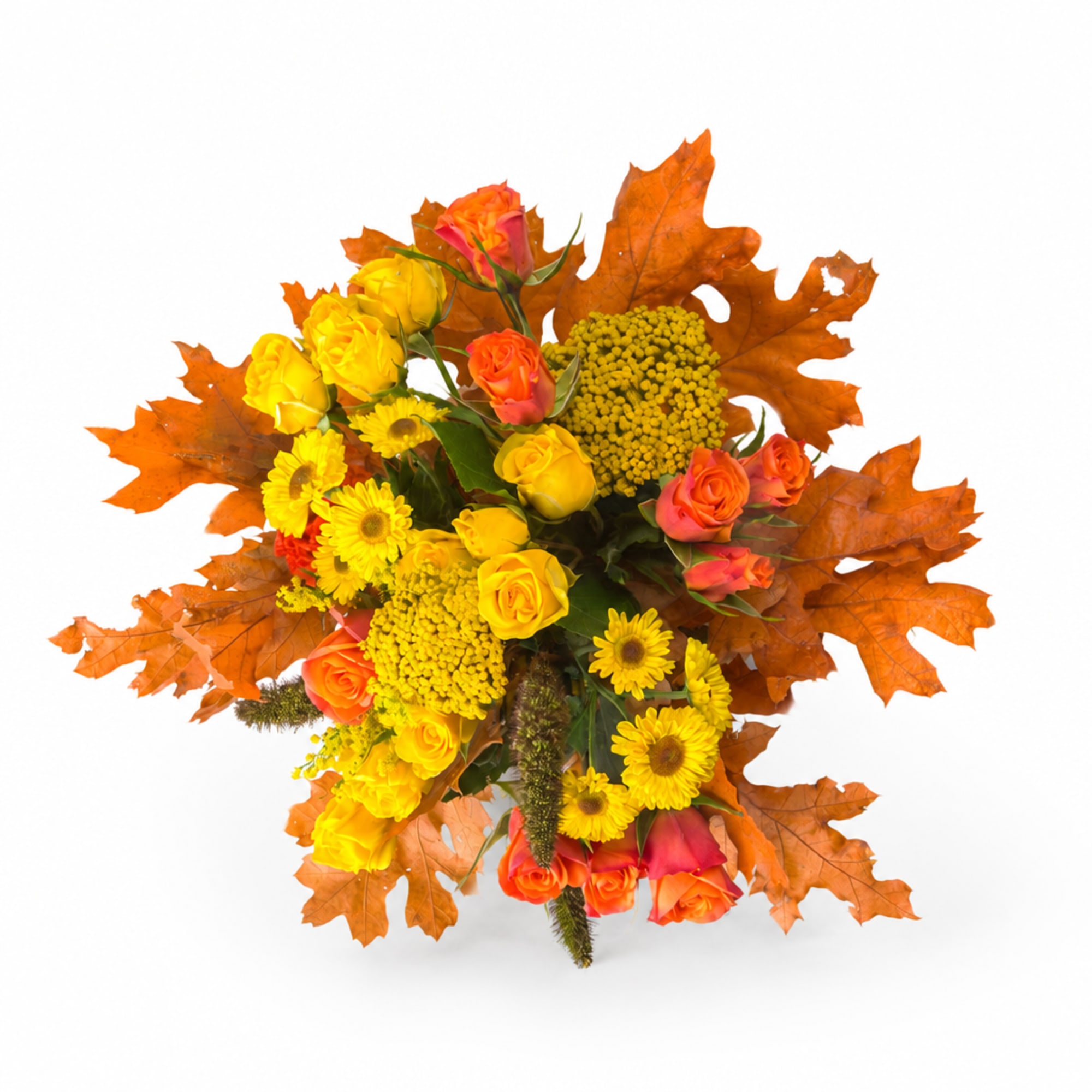 Autumn bouquet of yellow and orange roses with daisies and maple leaves
