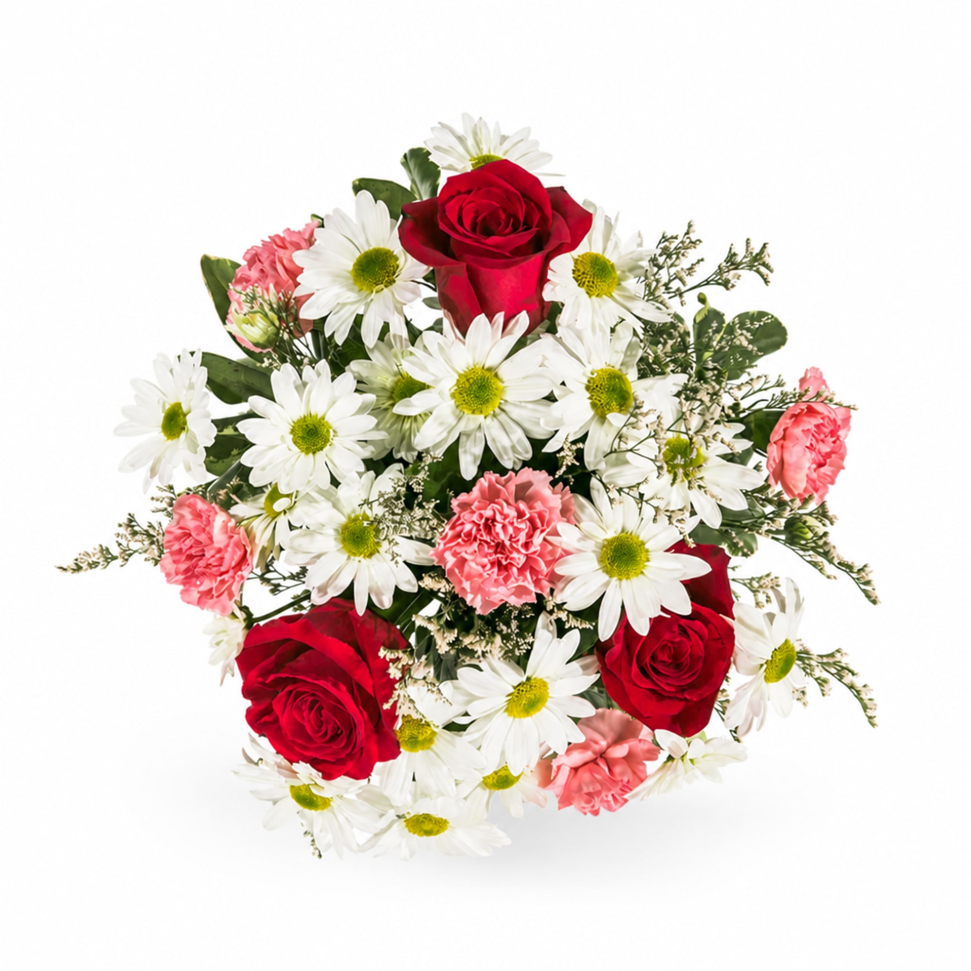 Bouquet of red roses, white daisies, and pink carnations