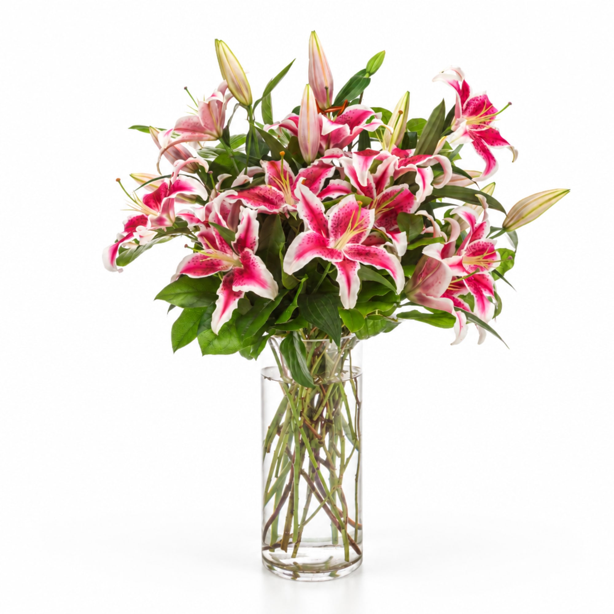 Pink stargazer lilies arranged in a clear glass vase