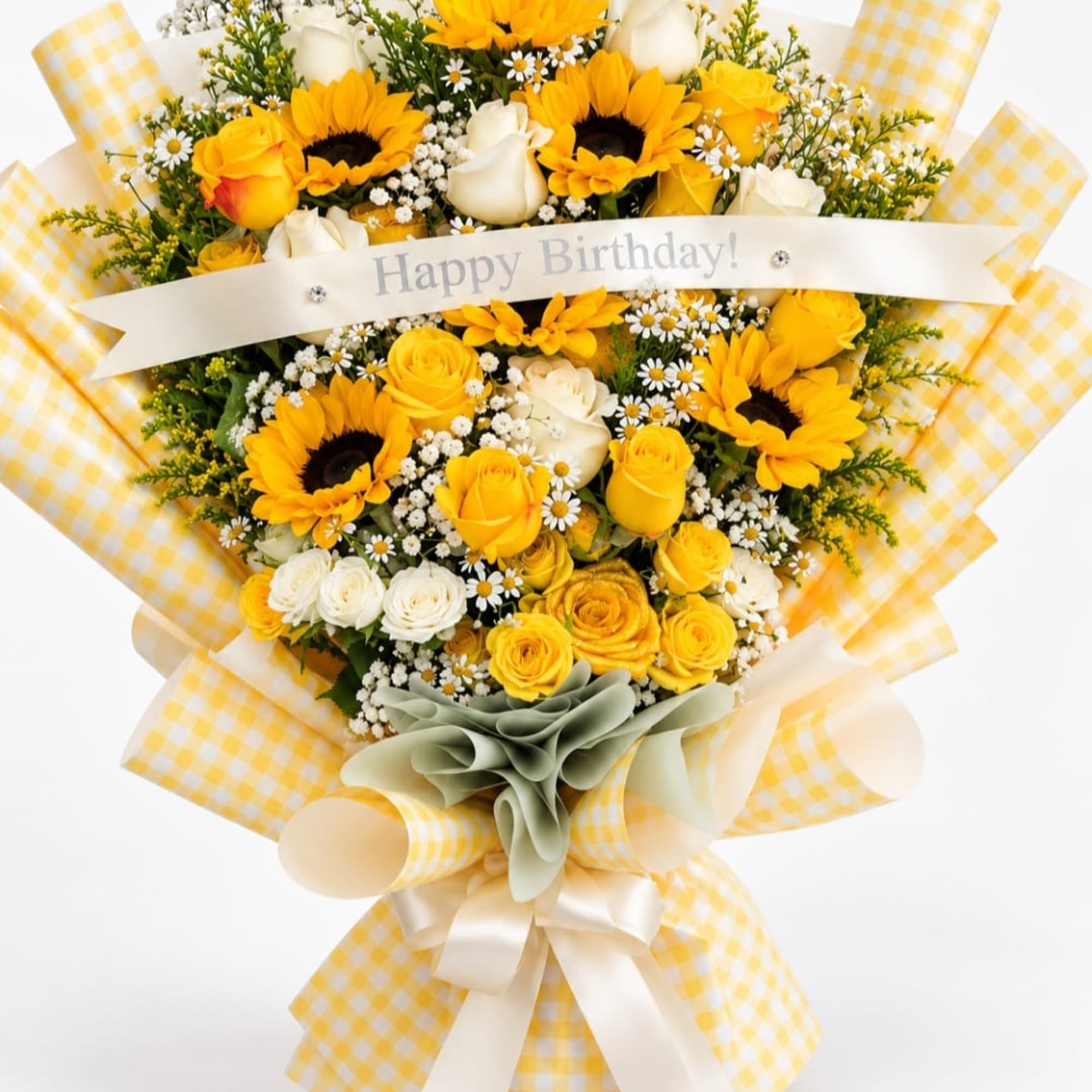 Yellow and white bouquet with roses and sunflowers, wrapped in gingham paper