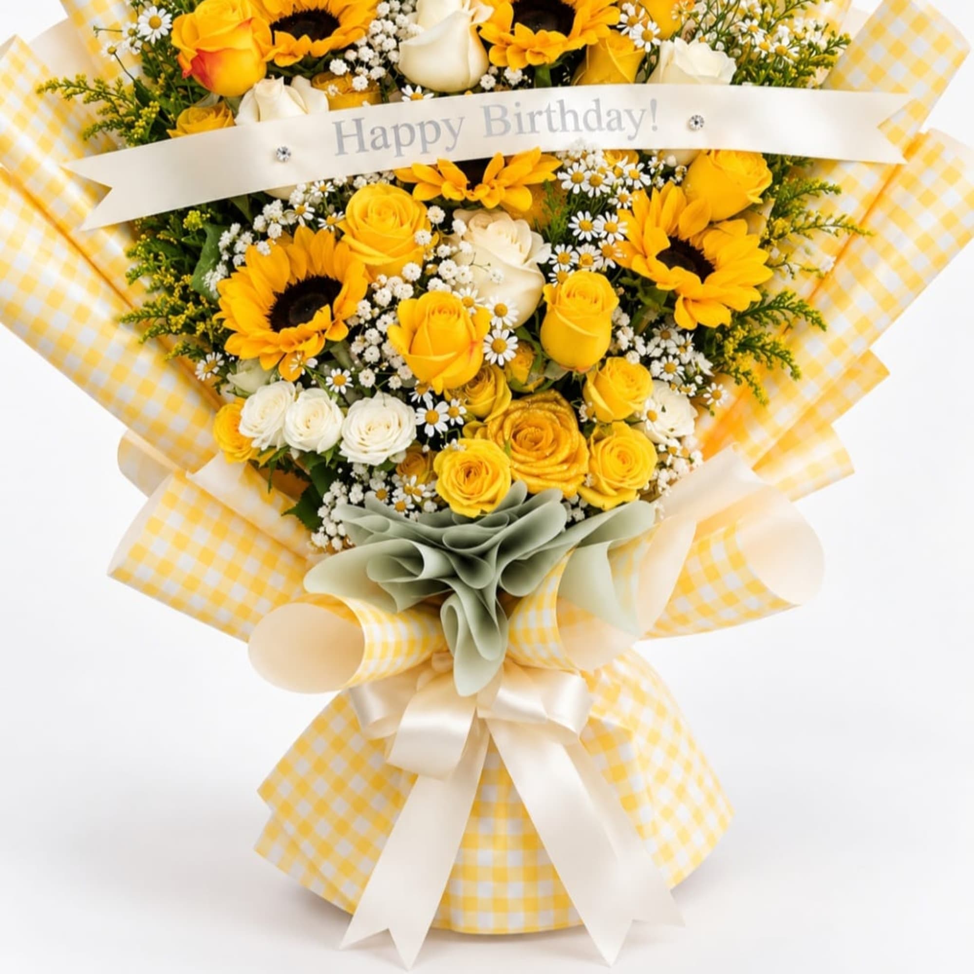 Yellow and white flower bouquet with a Happy Birthday ribbon