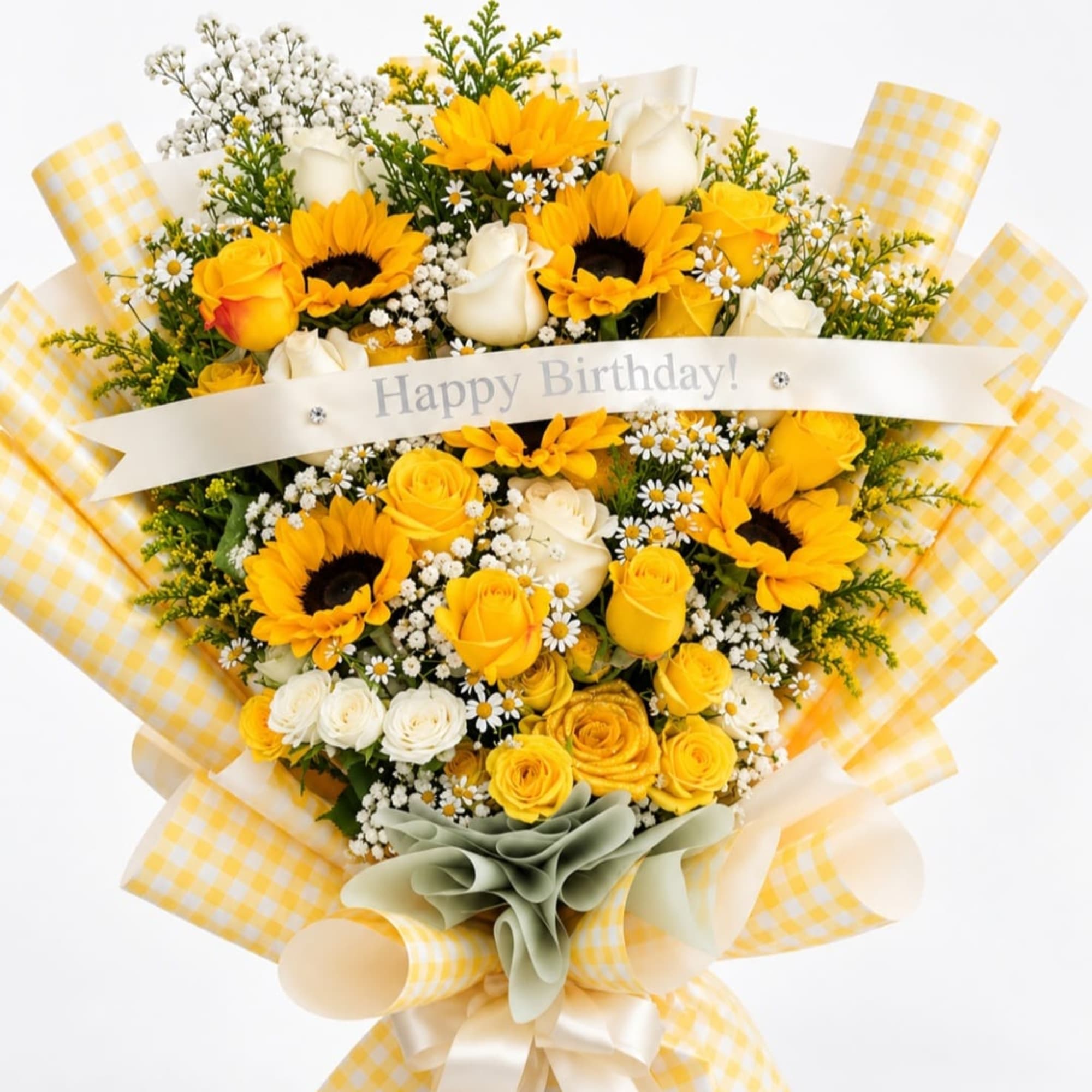 Yellow sunflower and rose bouquet with a Happy Birthday ribbon