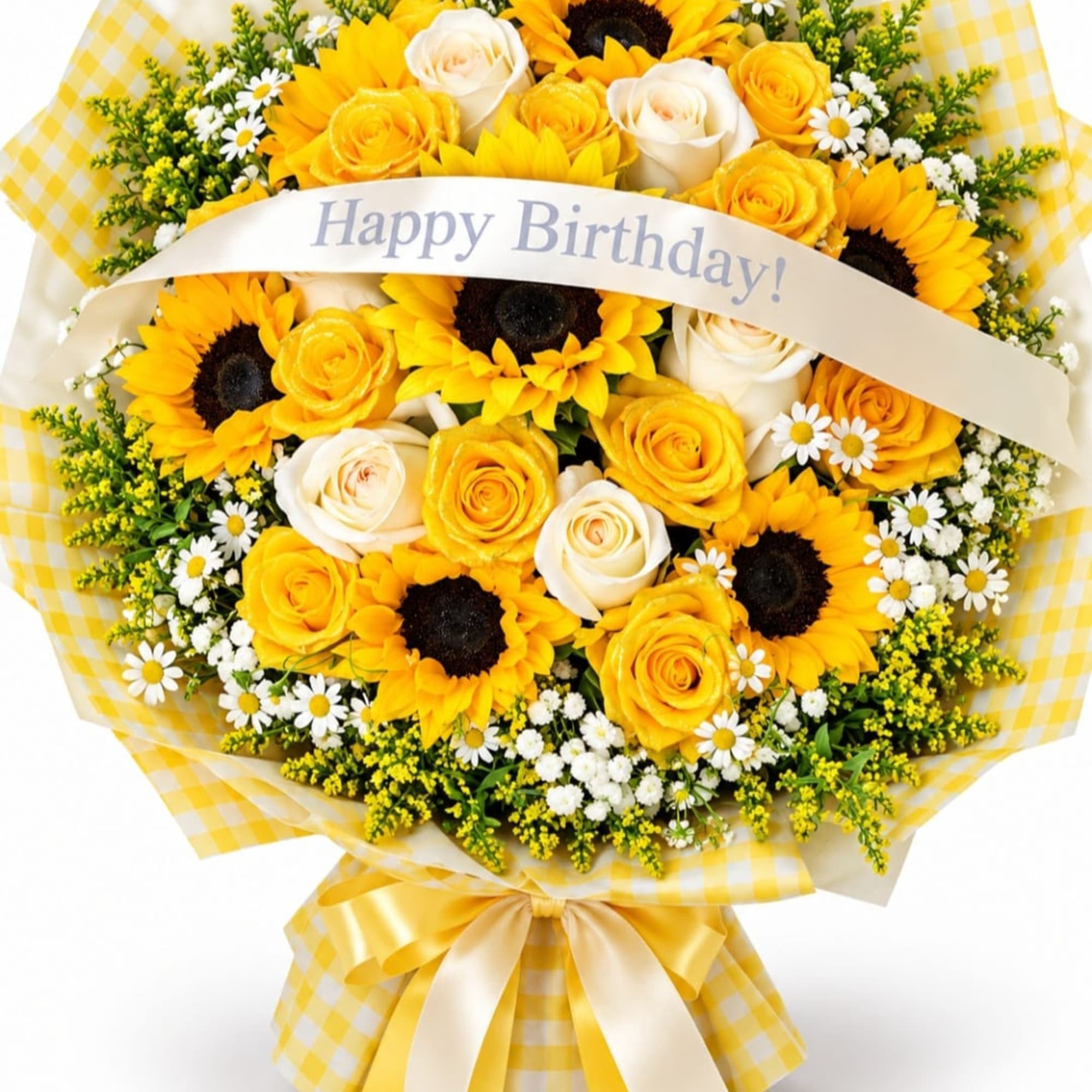 Bouquet of yellow sunflowers and roses with a Happy Birthday ribbon
