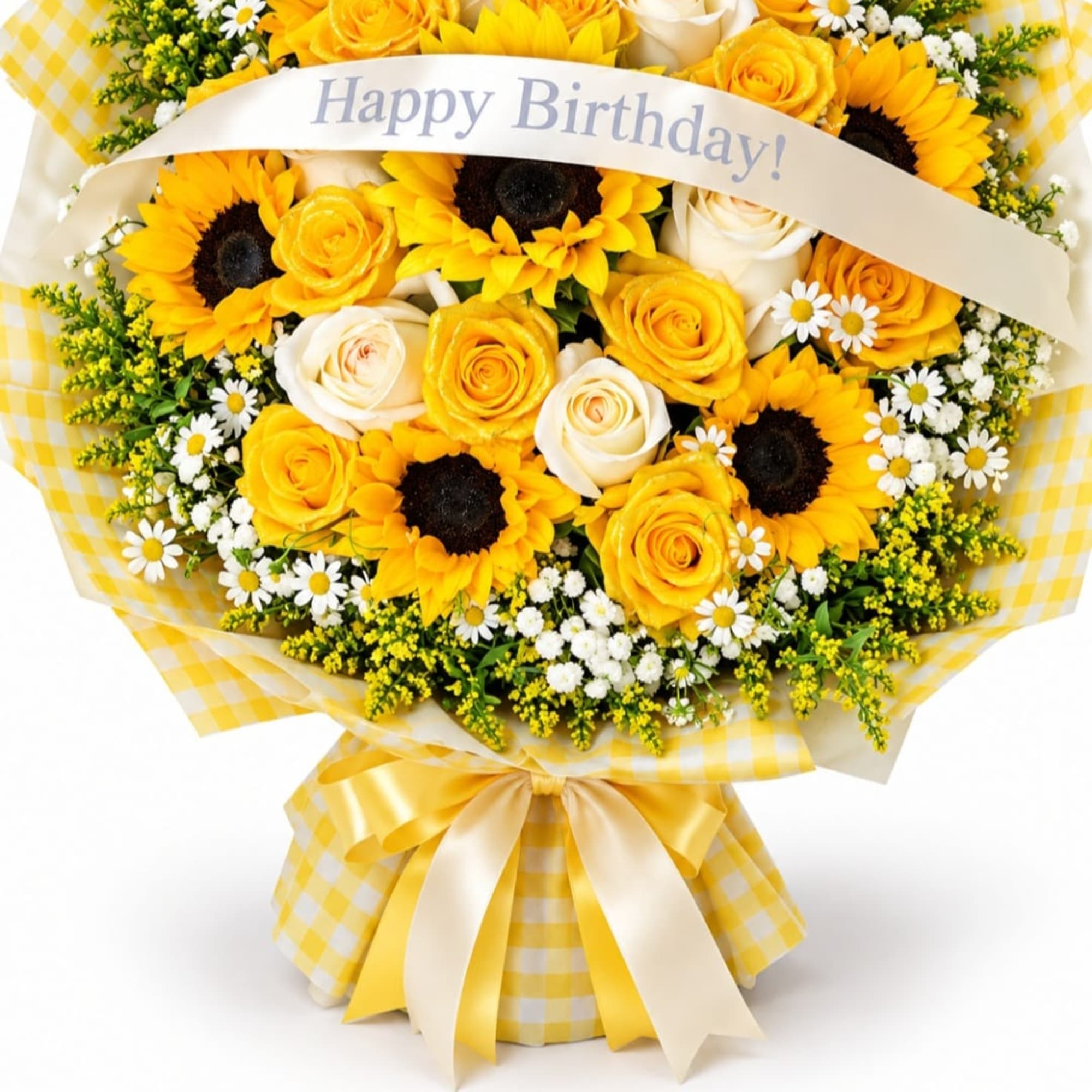 Yellow bouquet with sunflowers, roses, and a Happy Birthday ribbon