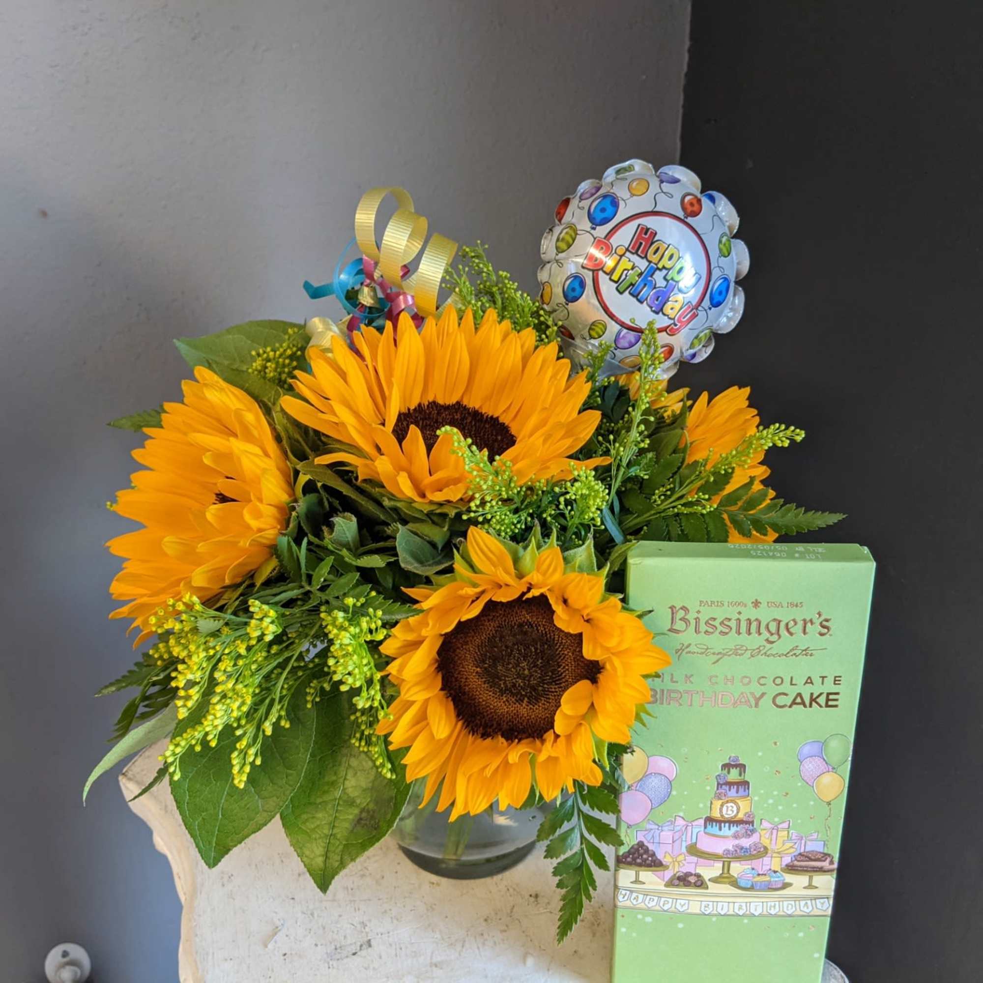 Sunflower Sunshine arrangement with birthday inclusions