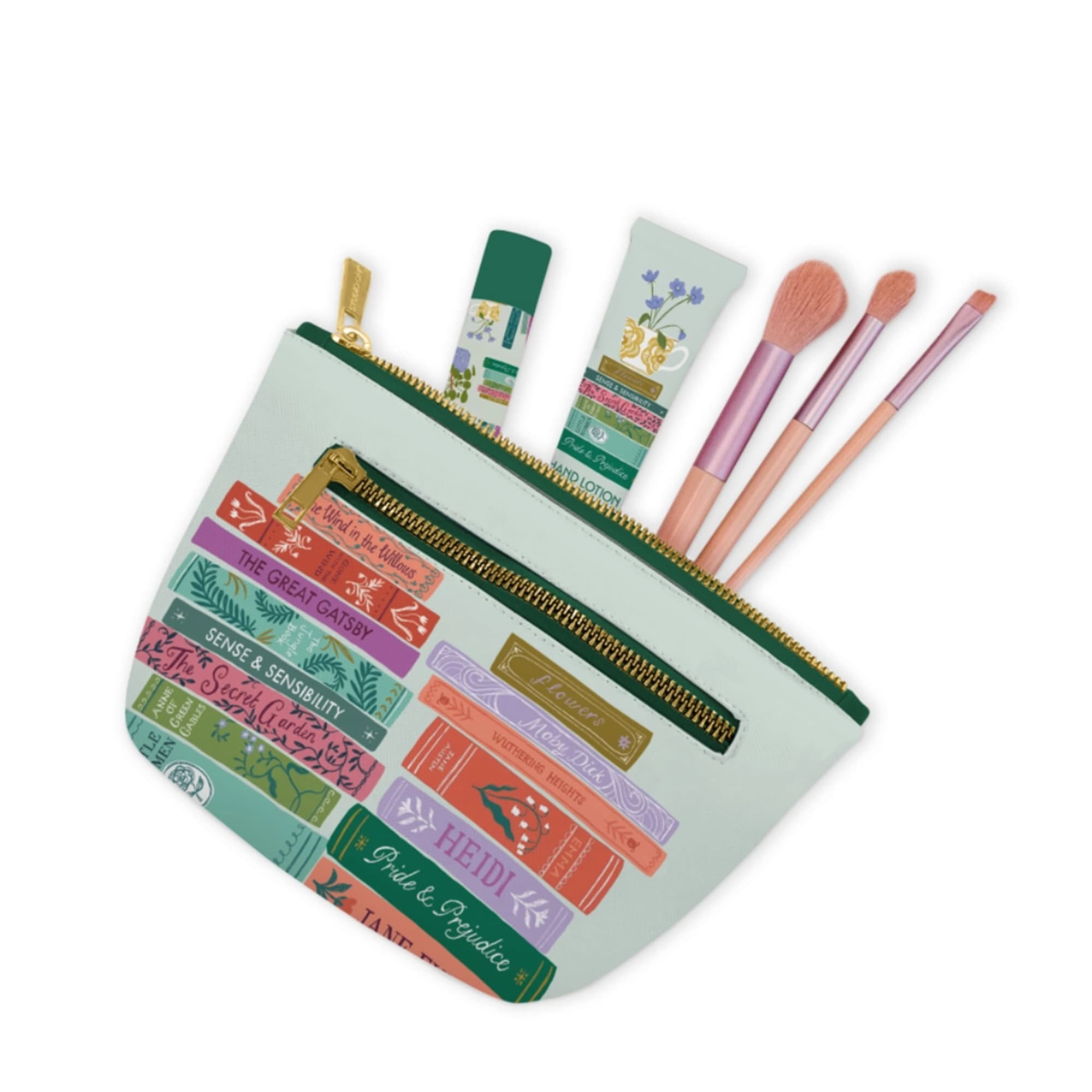 Floral-print cosmetic pouch with makeup brushes and tubes inside