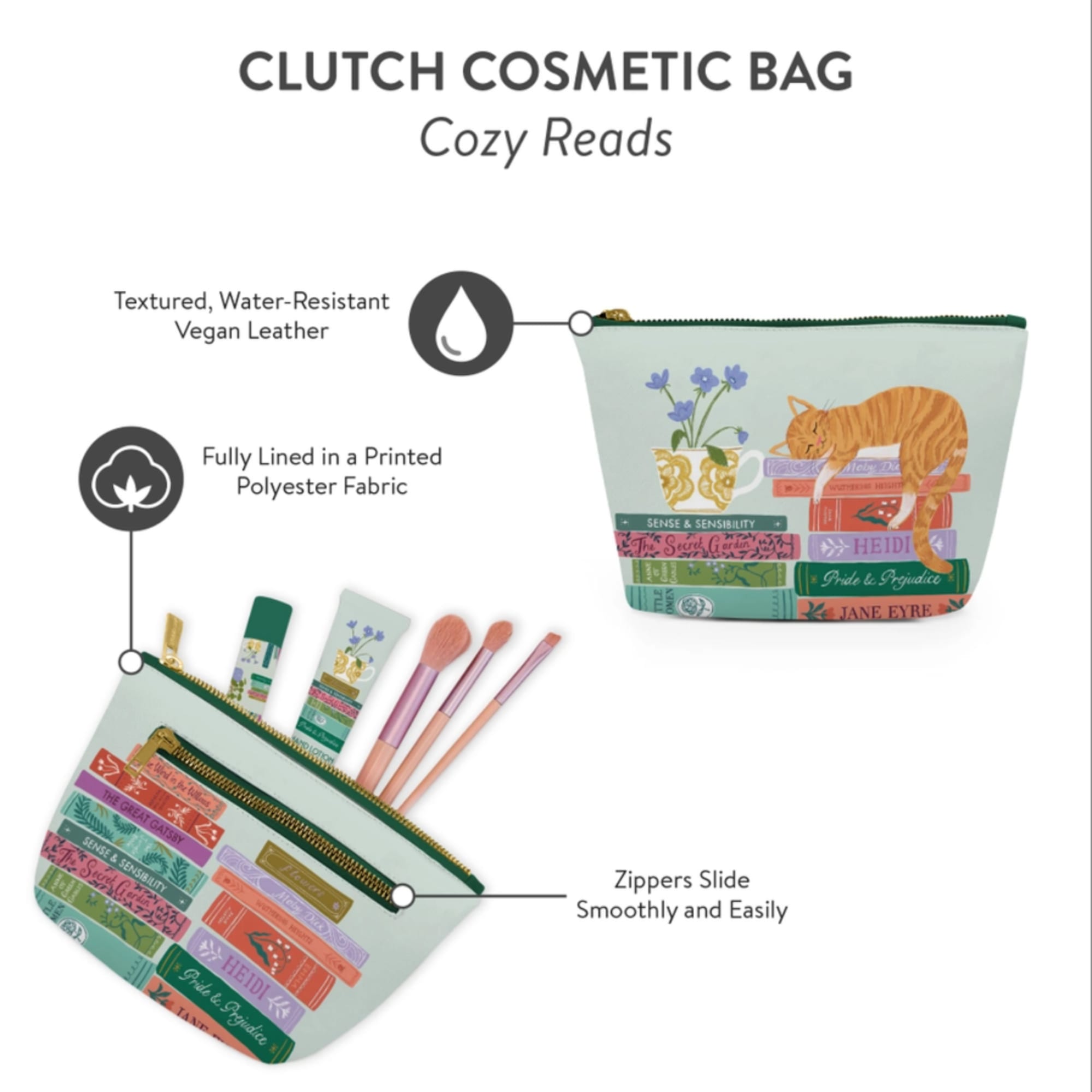 Printed cosmetic bag with book-spine design and cat illustration