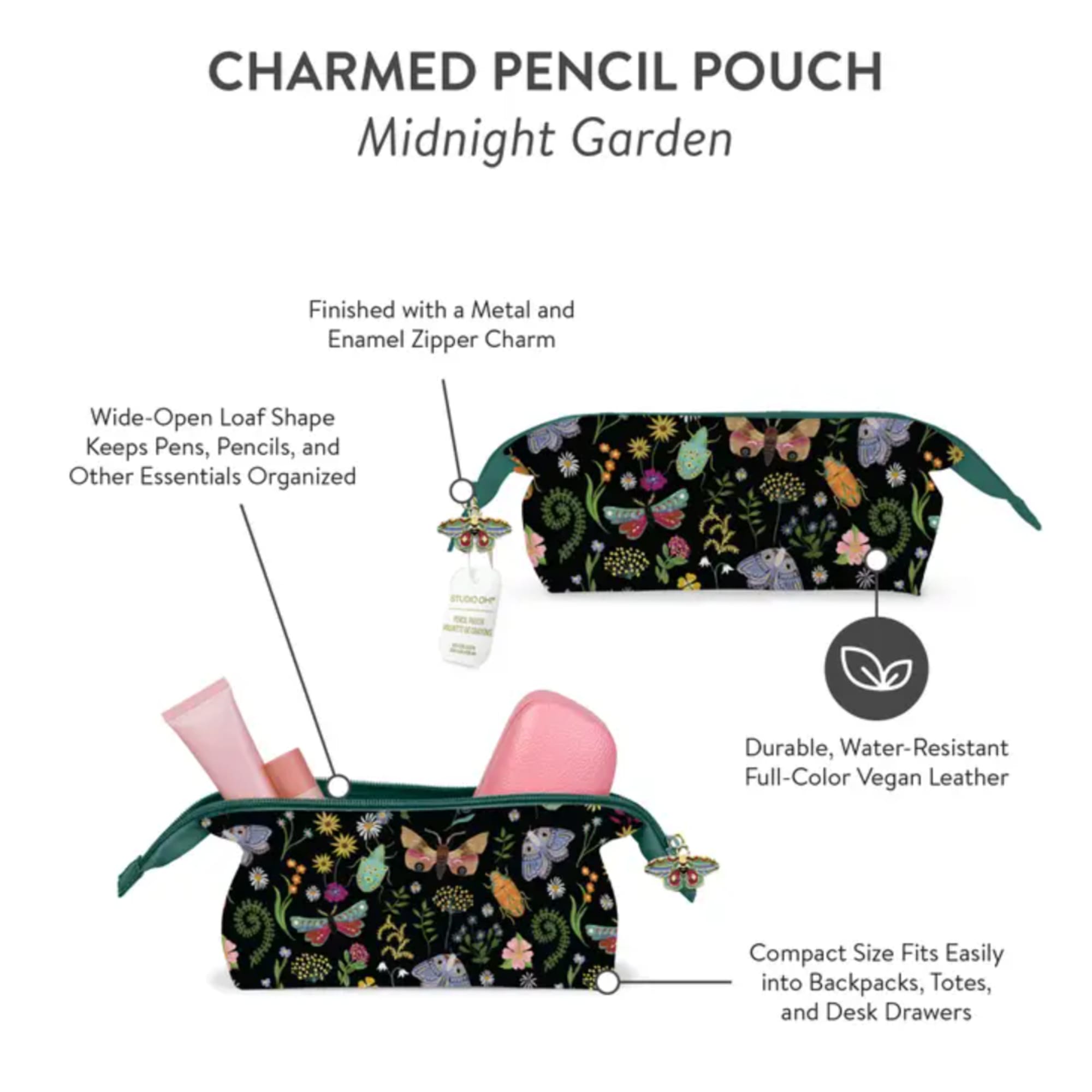 Two butterfly-print pencil pouches with zipper charms on a white background.