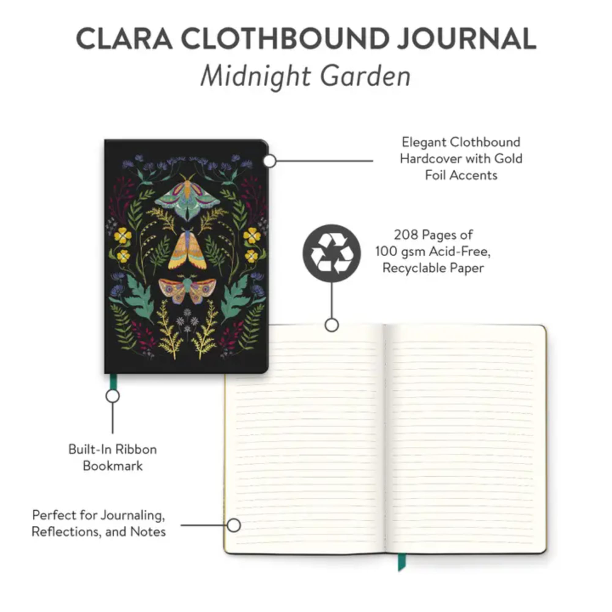 Clothbound journal with a butterfly and floral cover design, shown open to lined pages
