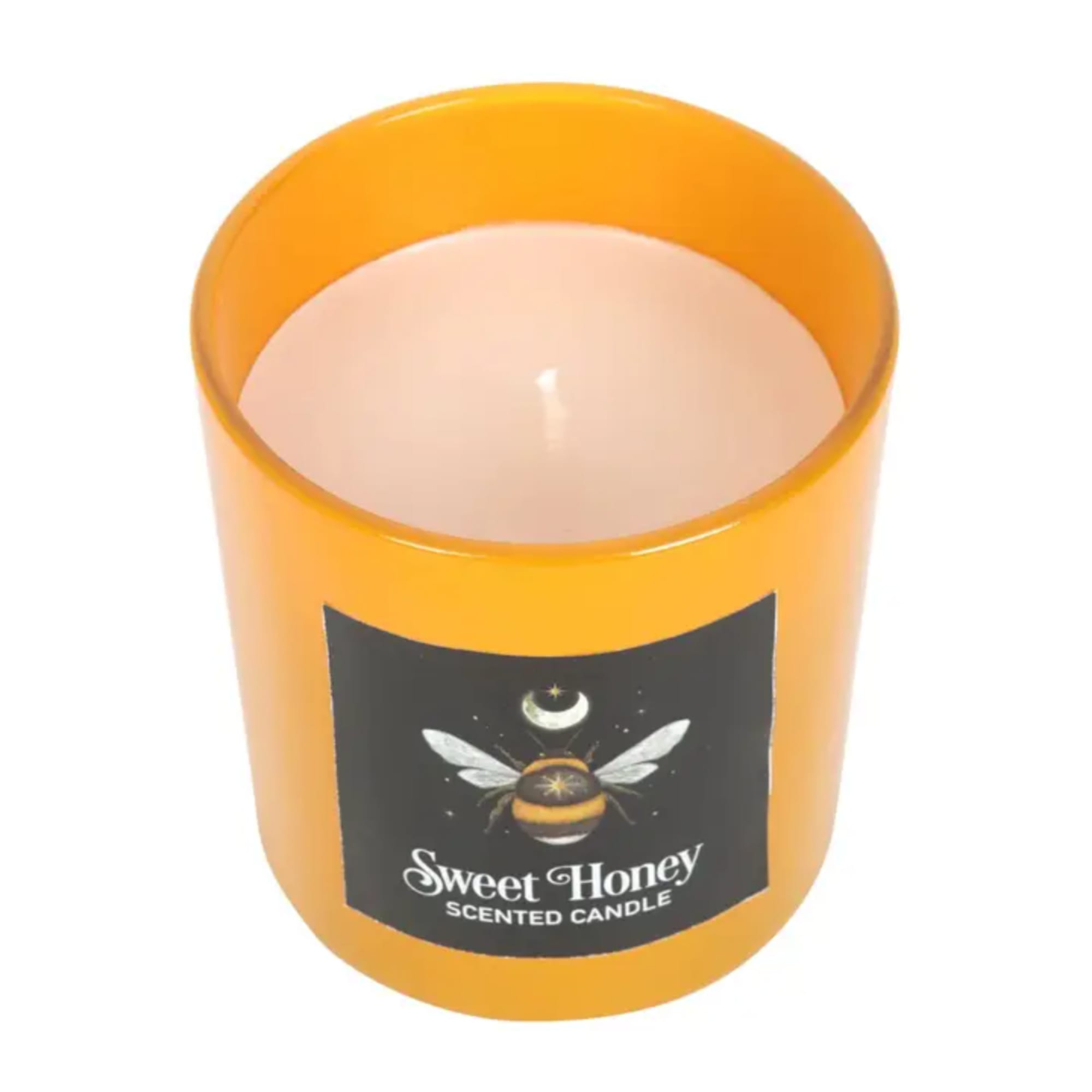 Orange scented candle in a glass jar with a bee label