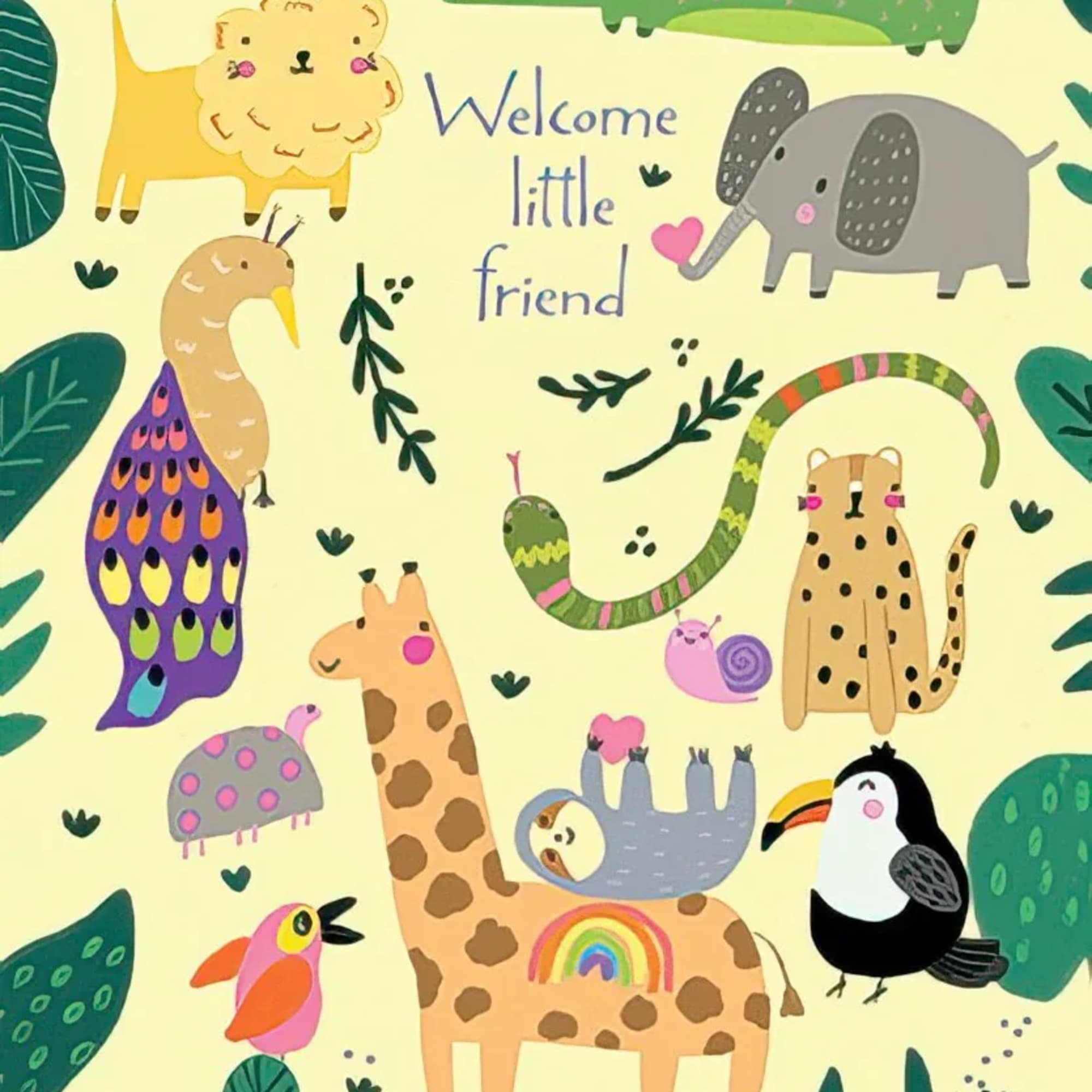 Animal-themed welcome card with colorful cartoon jungle animals