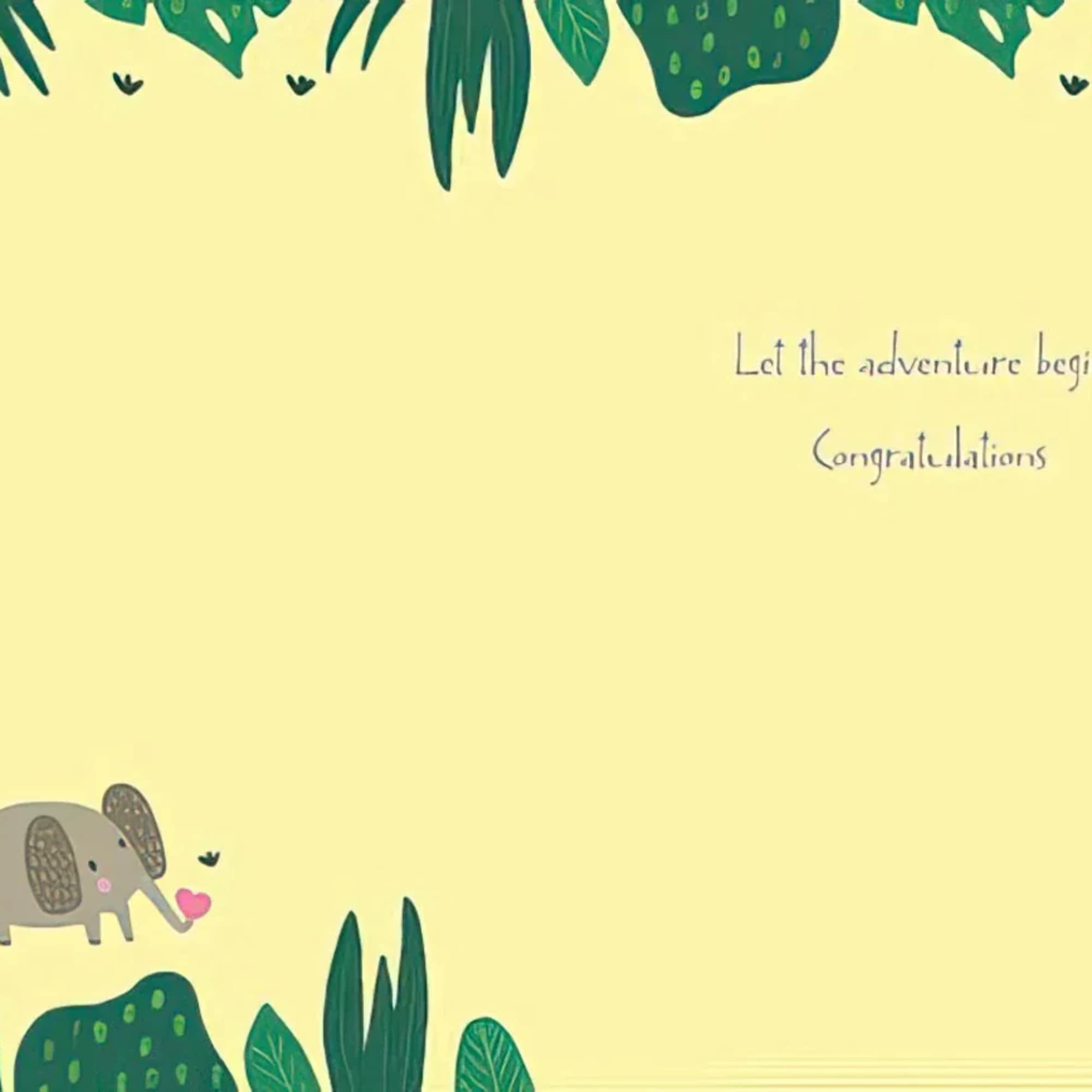 Yellow card with jungle leaves and a small elephant illustration.