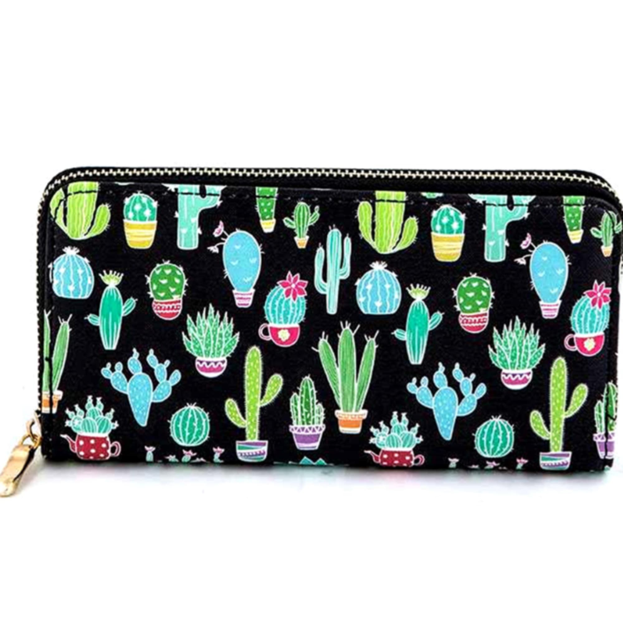 Black zippered wallet with colorful cactus print