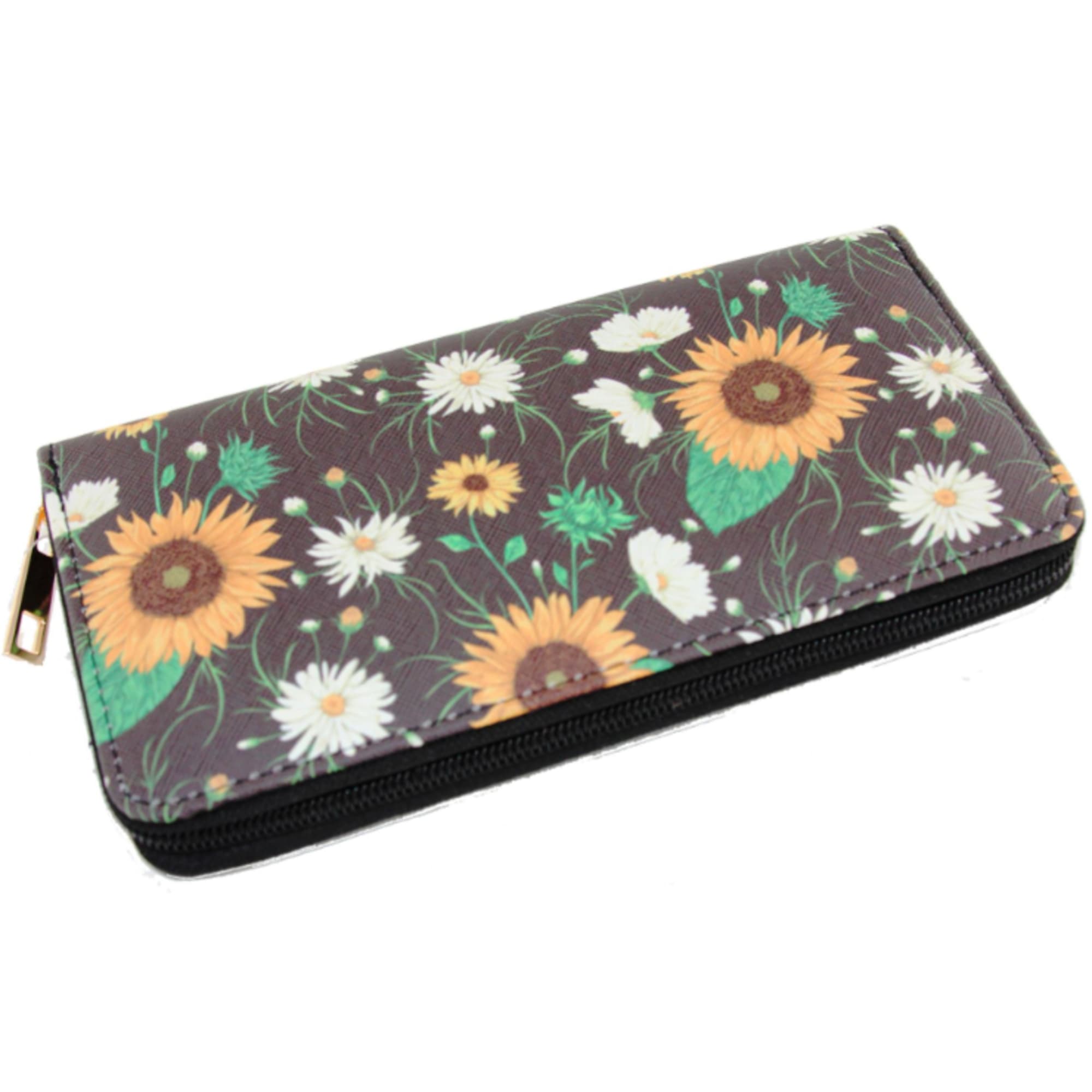 Floral-print zippered wallet with sunflowers and daisies