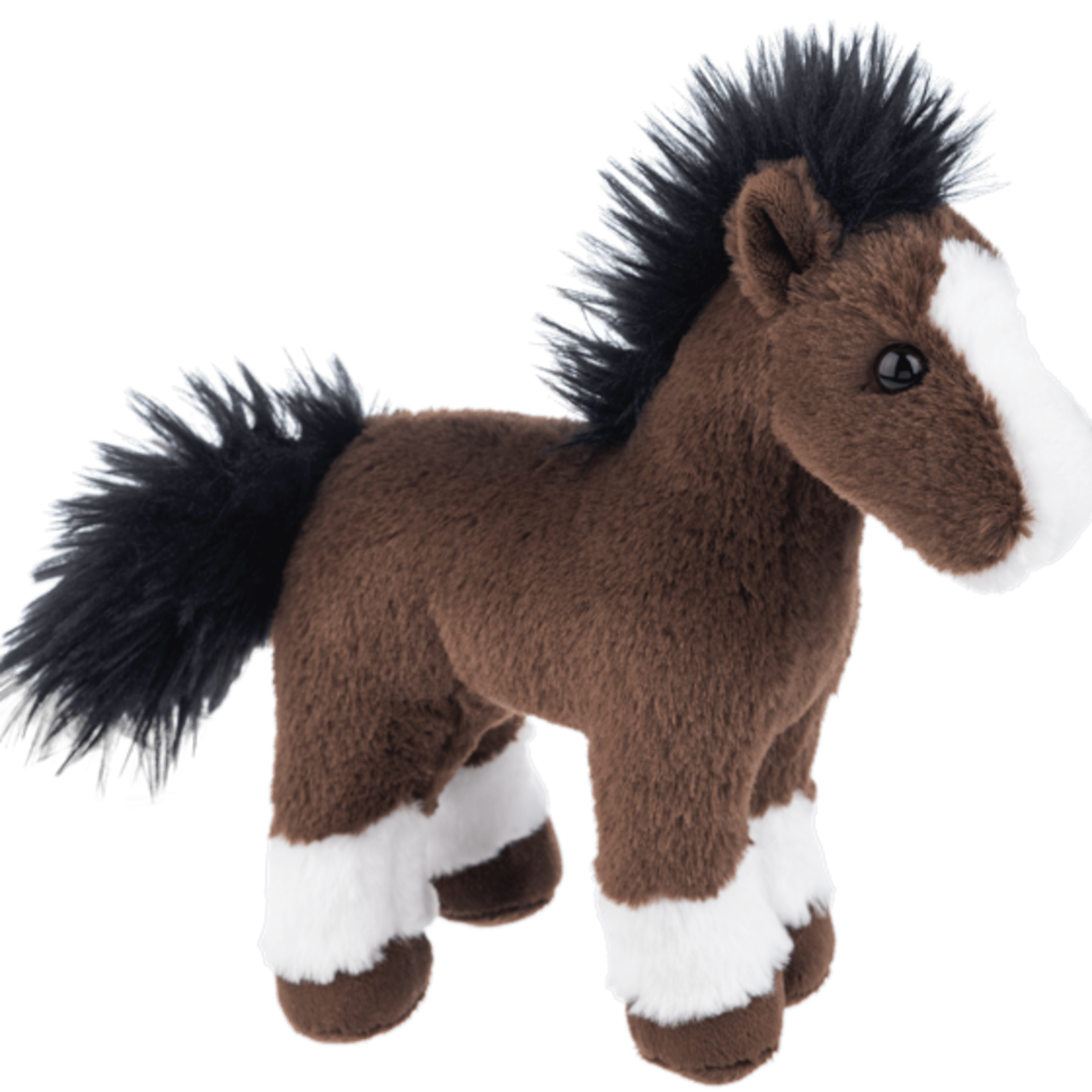 Brown plush horse with black mane and white markings