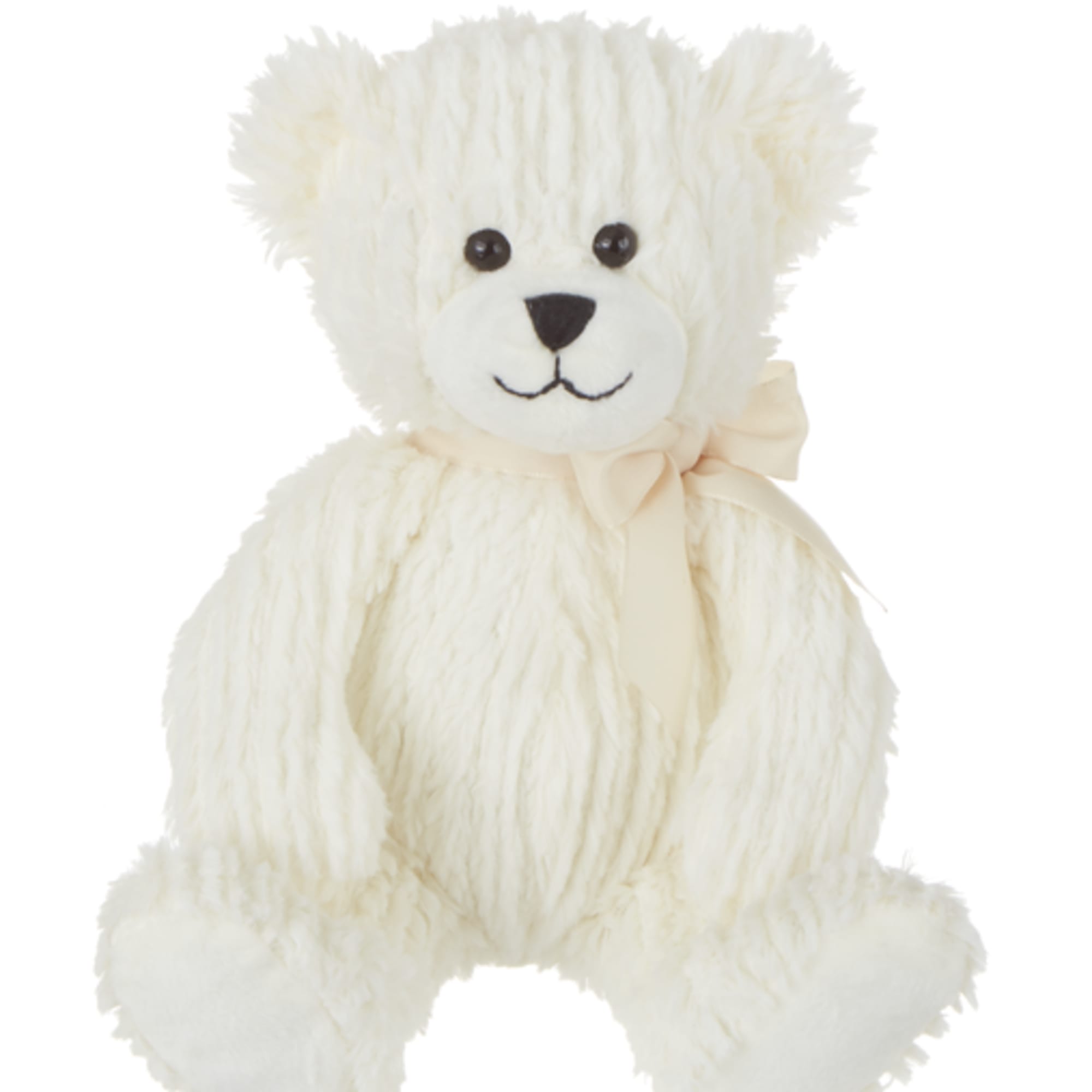White teddy bear with a cream ribbon bow