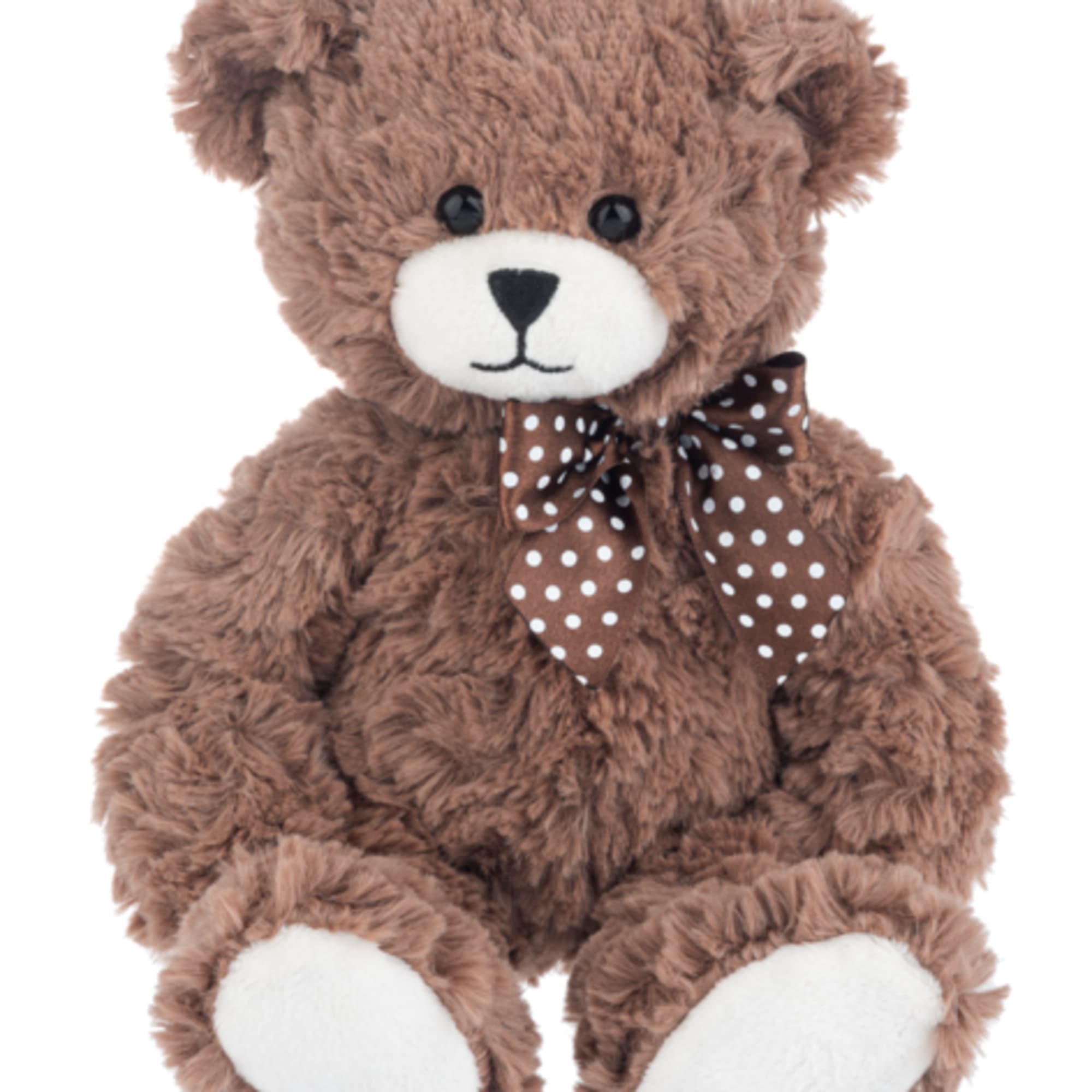 Brown teddy bear with a polka dot bow