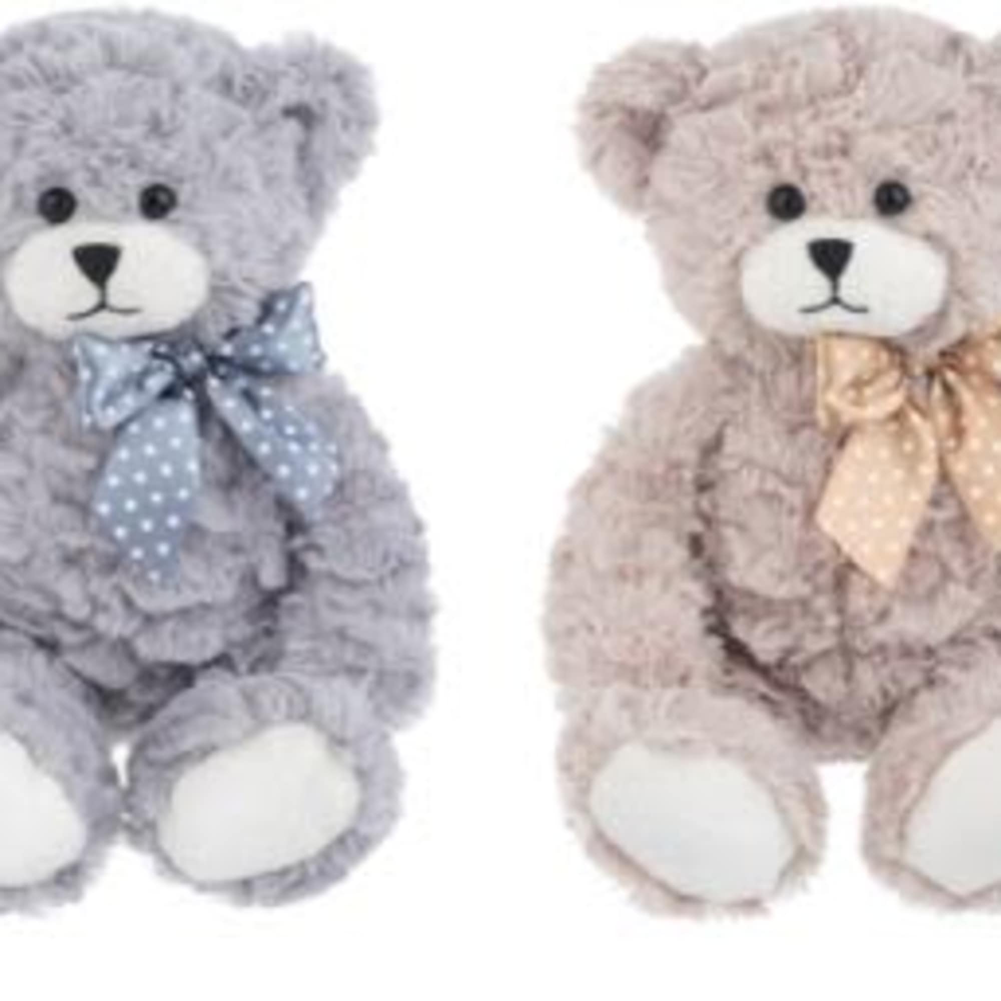 Two plush teddy bears with ribbon bows, one gray and one beige