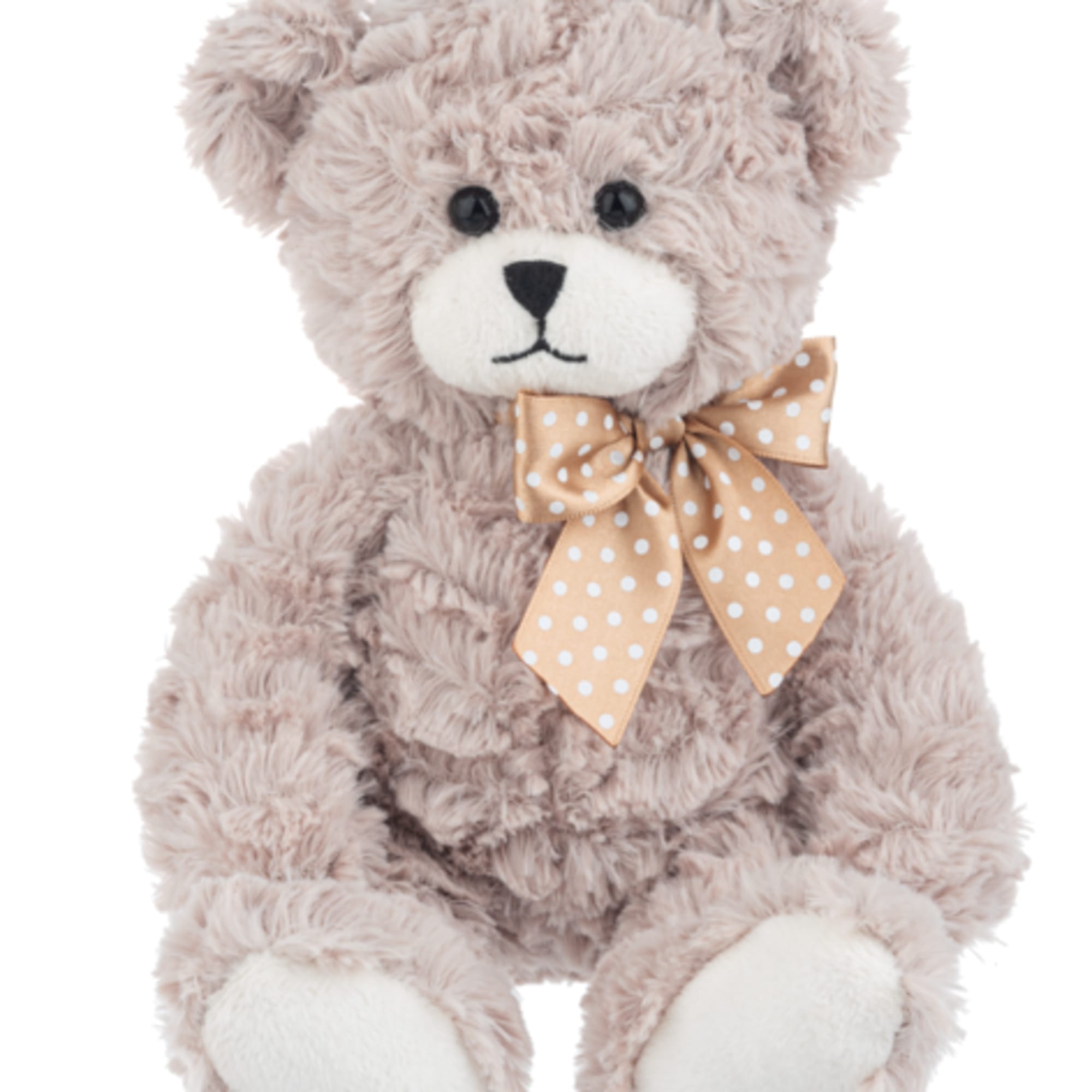Plush teddy bear with a polka-dot bow