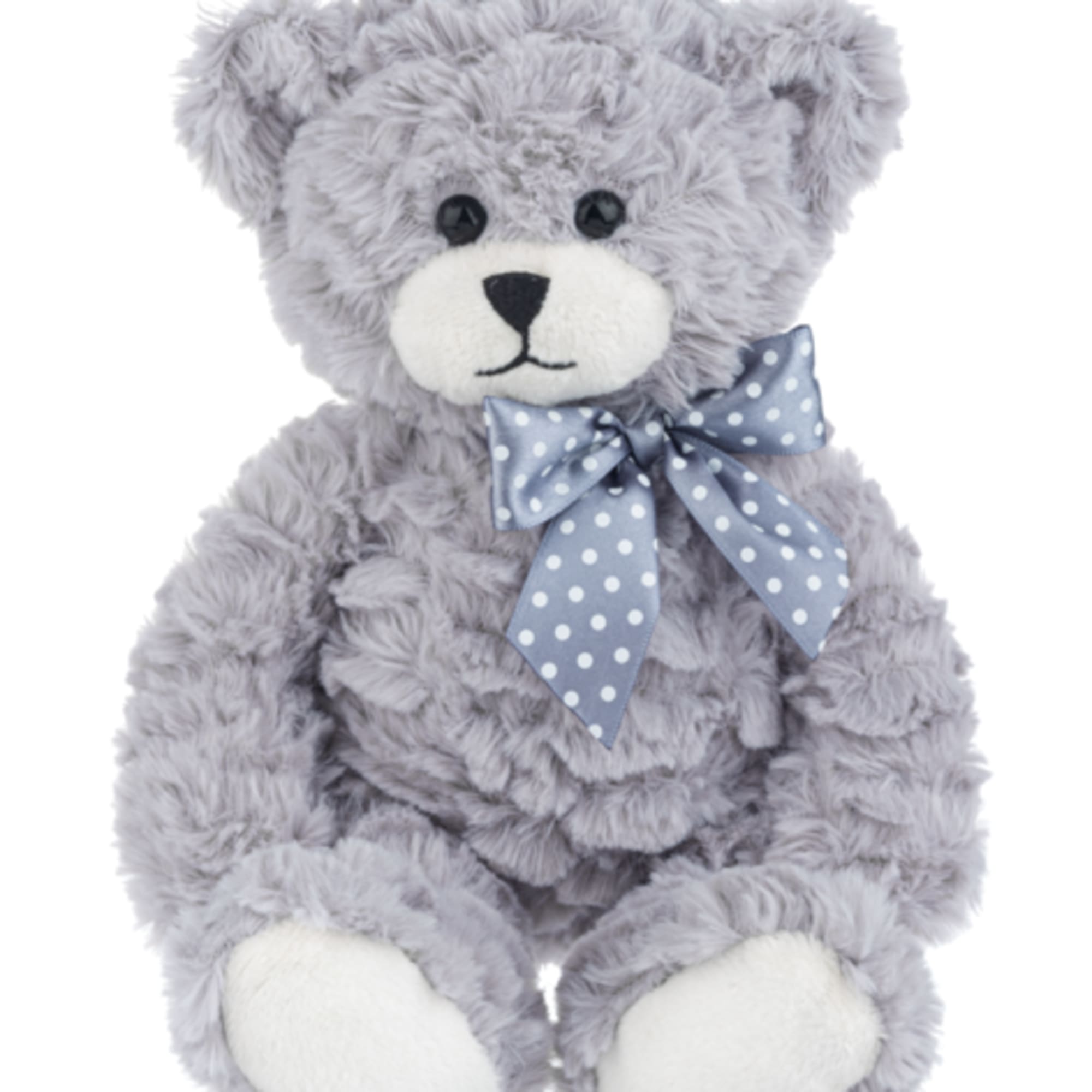 Gray teddy bear with a blue polka-dot bow