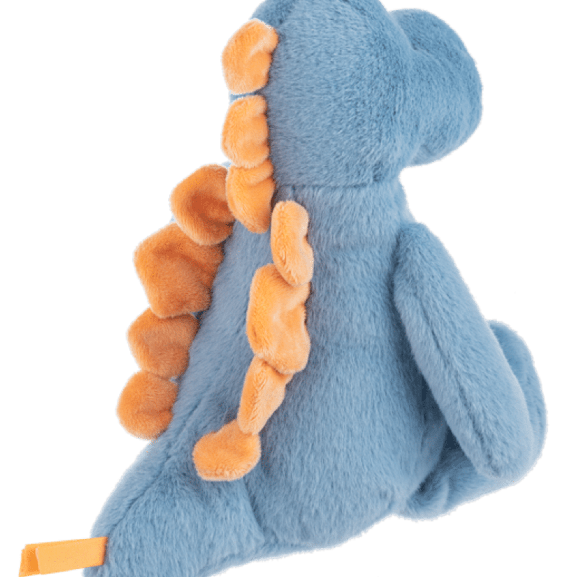 Blue plush dinosaur toy with orange accents